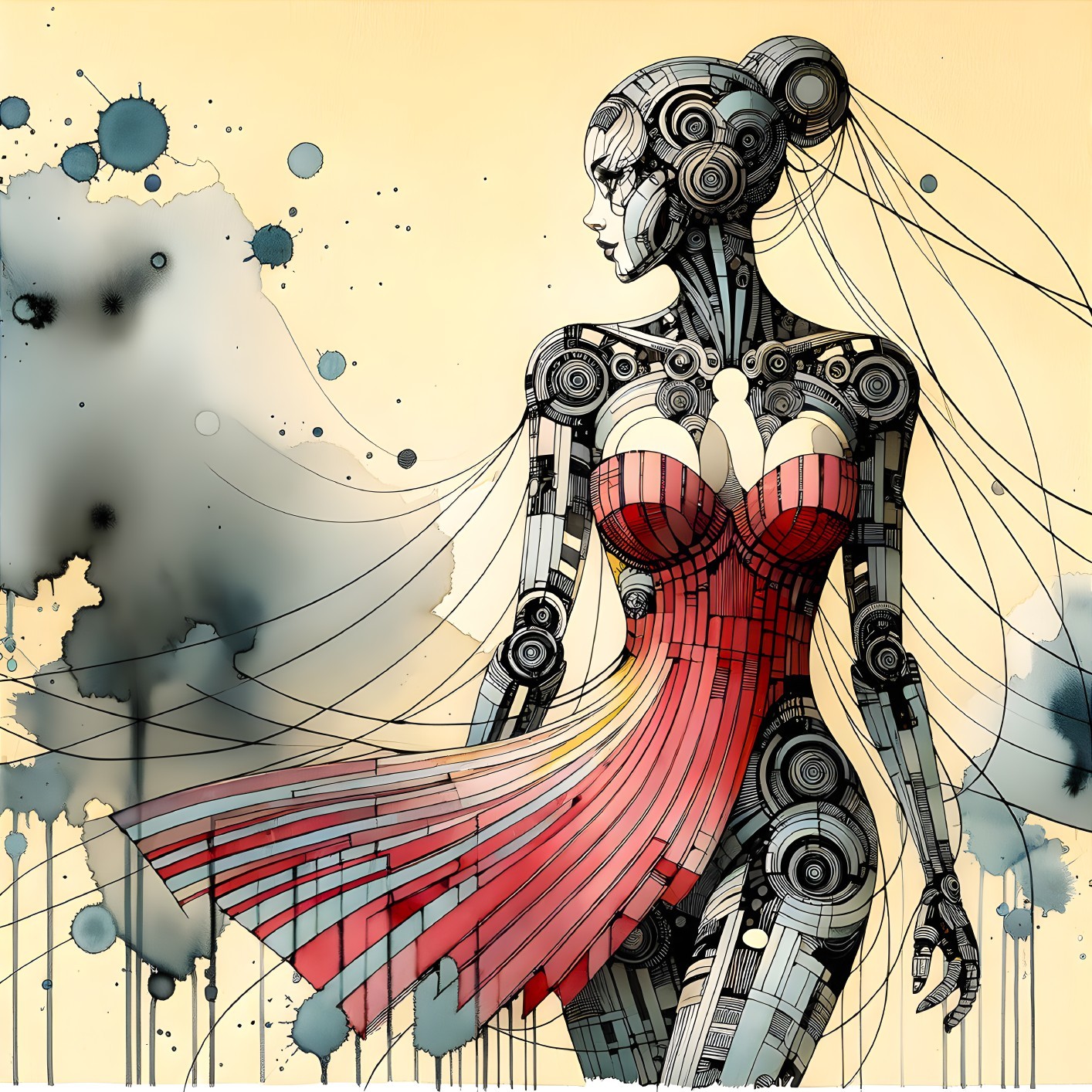 Humanoid Robot with Red Dress and Abstract Background
