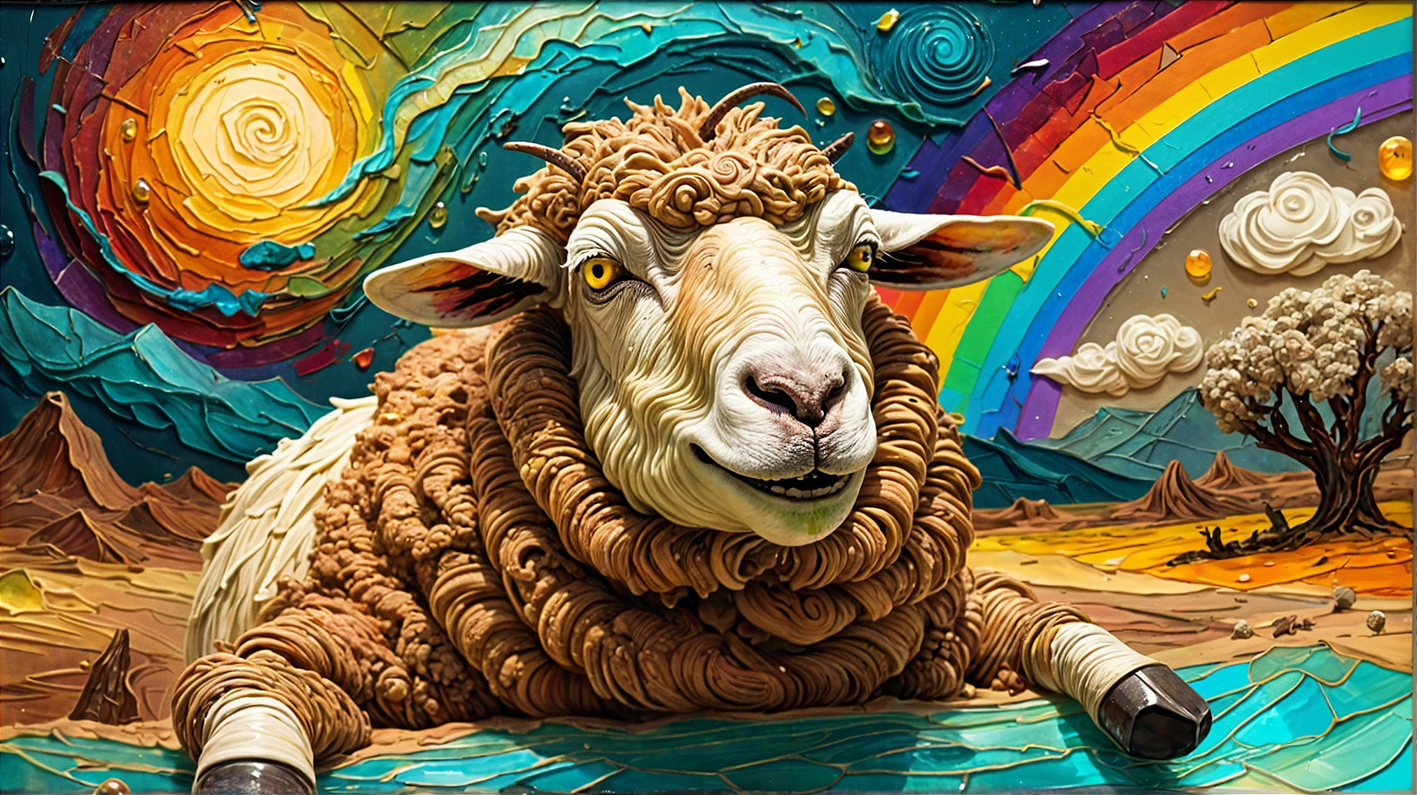Whimsical Sheep in Colorful Landscape Artwork