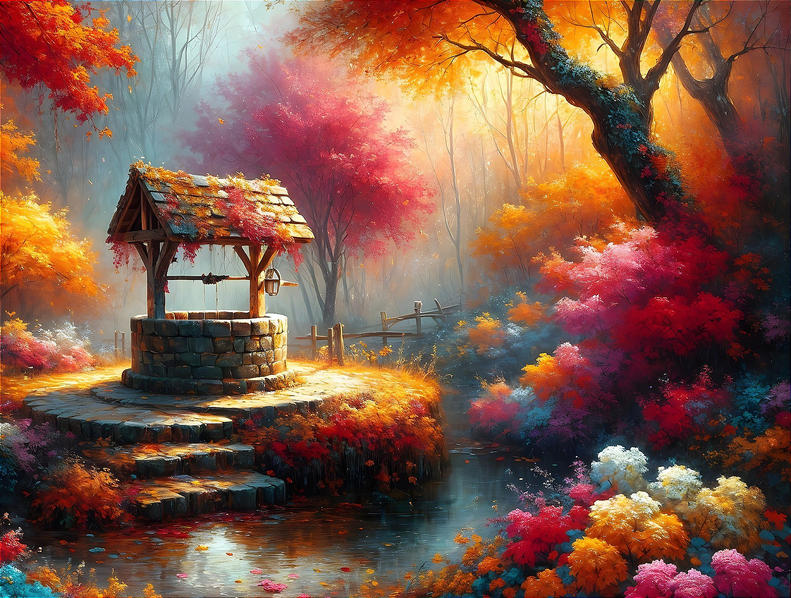 Rustic Stone Well Amidst Vibrant Autumn Foliage