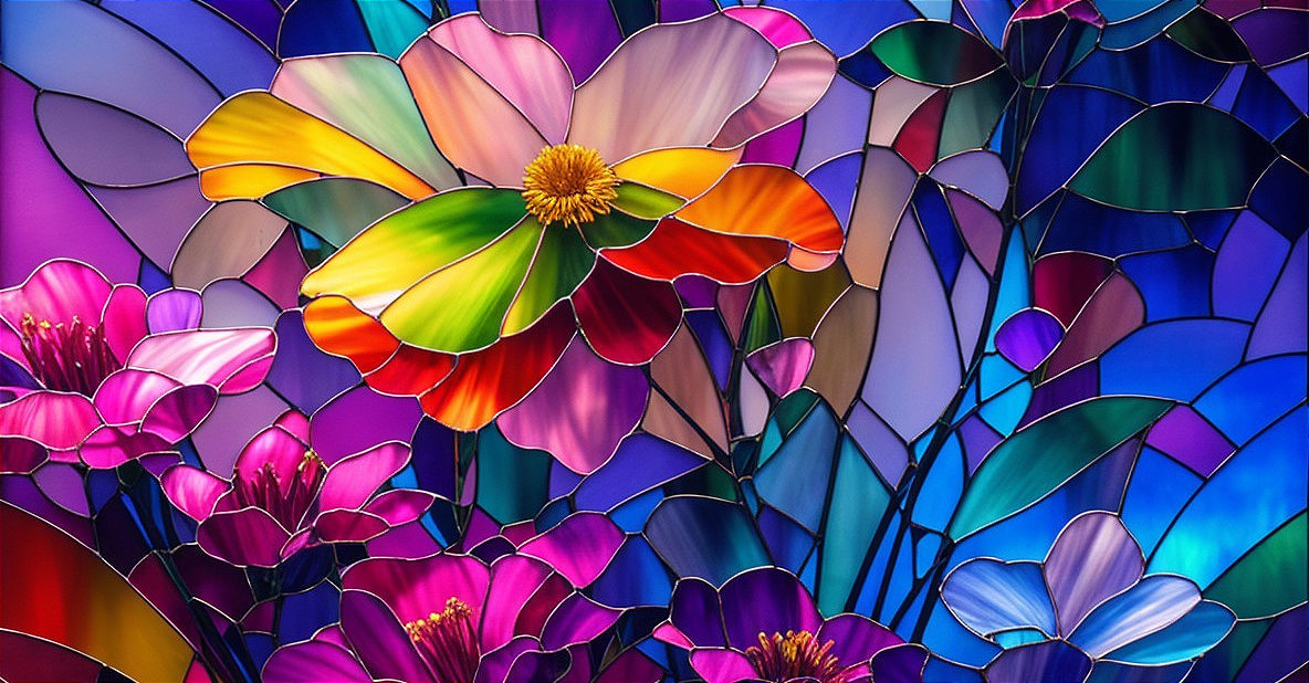 Vibrant Stained Glass Artwork of Blooming Flowers