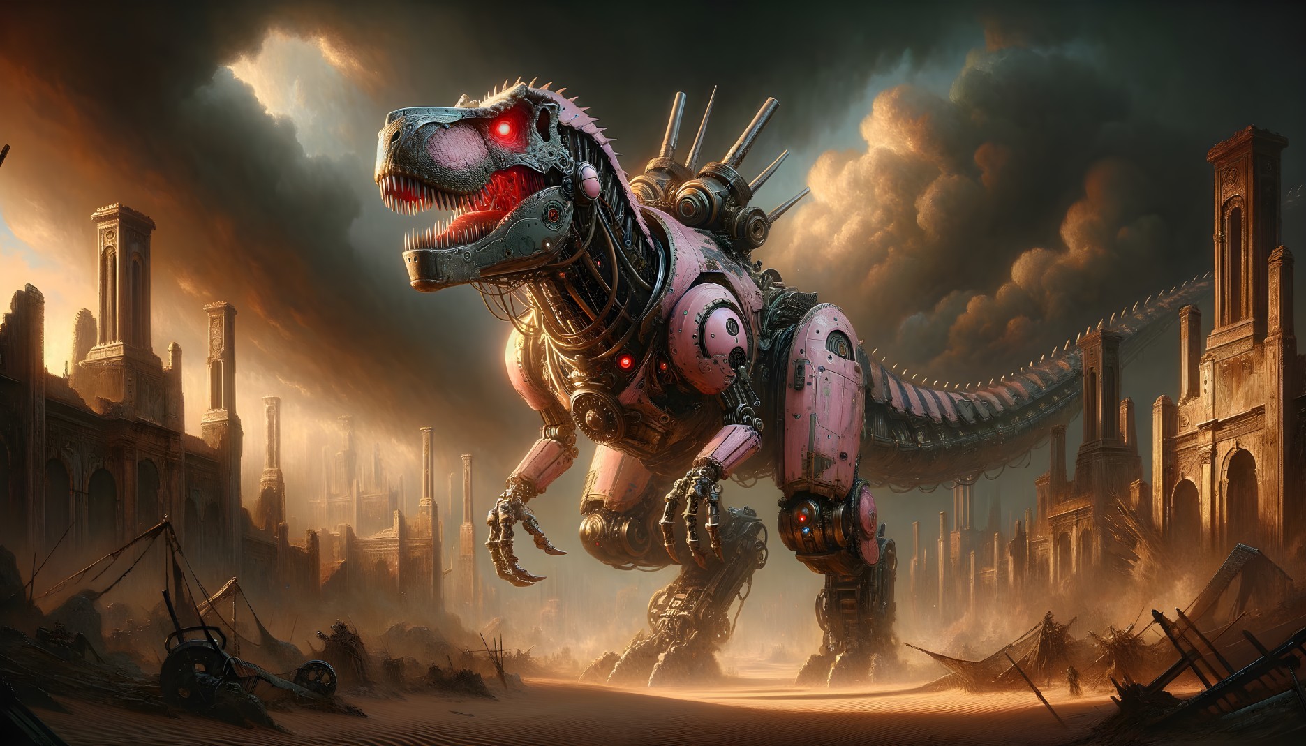 Colossal Robotic Dinosaur in Post-Apocalyptic Landscape