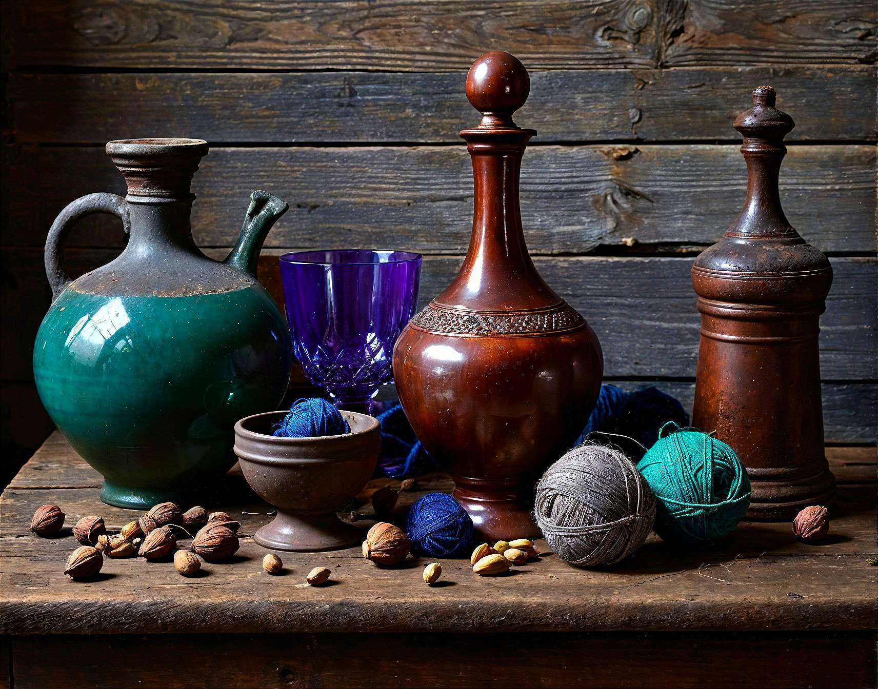 Rustic Decorative Vessels and Colorful Yarn Arrangement