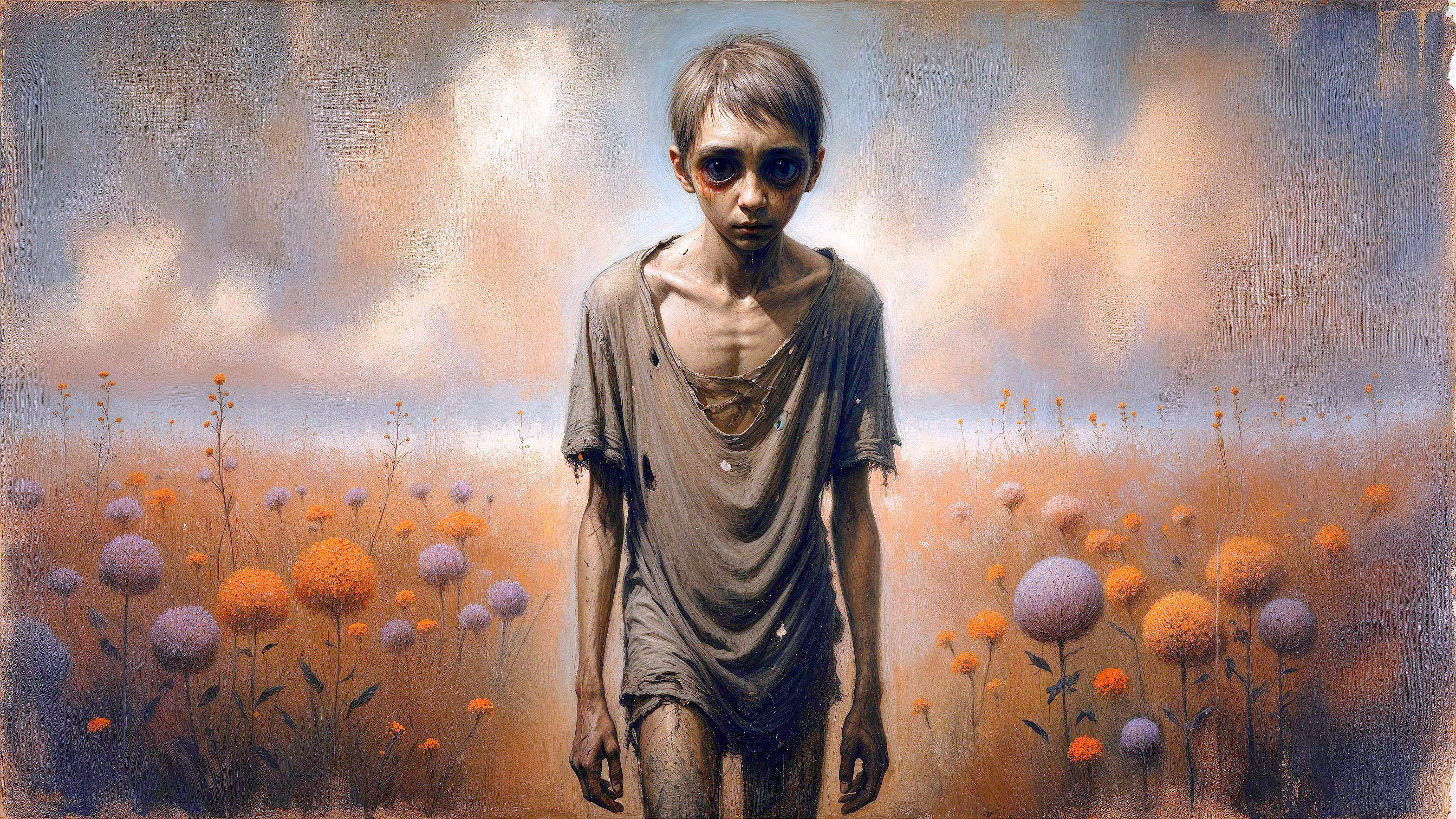 Frail Boy in Field of Flowers: A Contrast of Despair