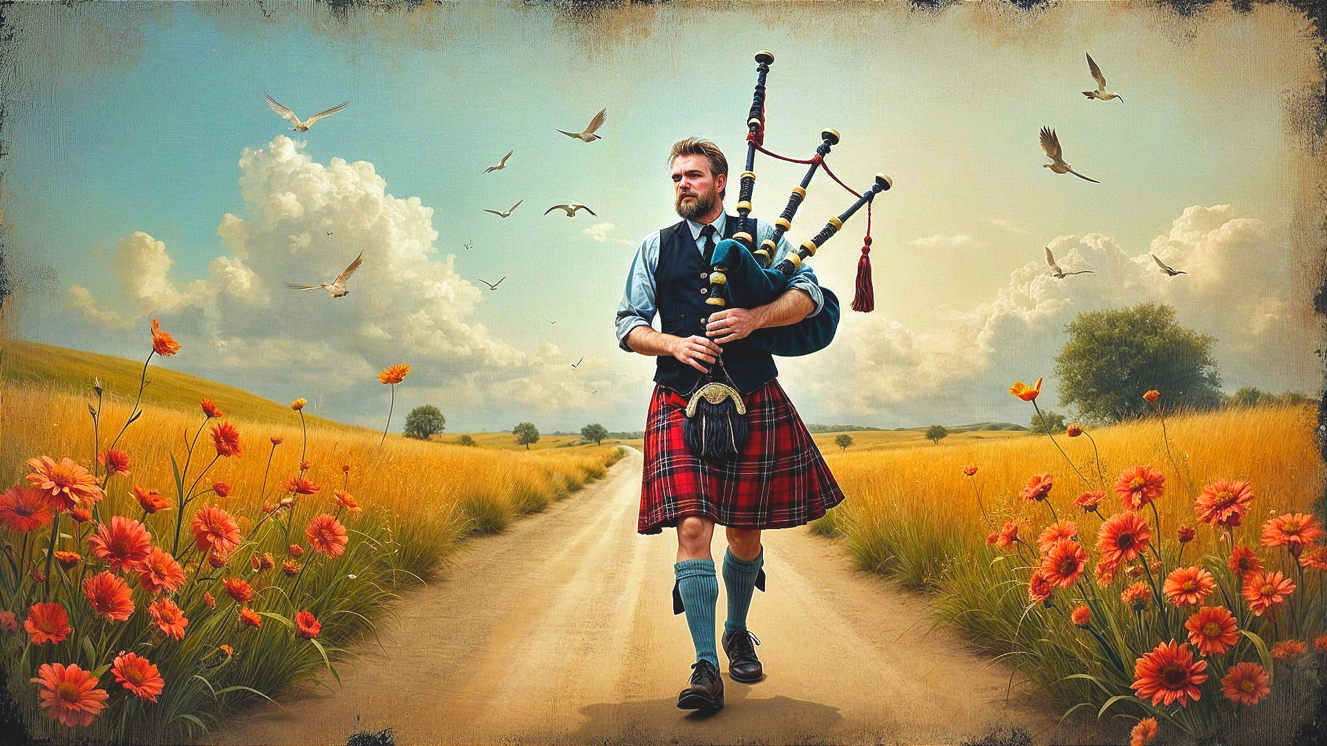 Man in Kilt Playing Bagpipes on Sunlit Dirt Road