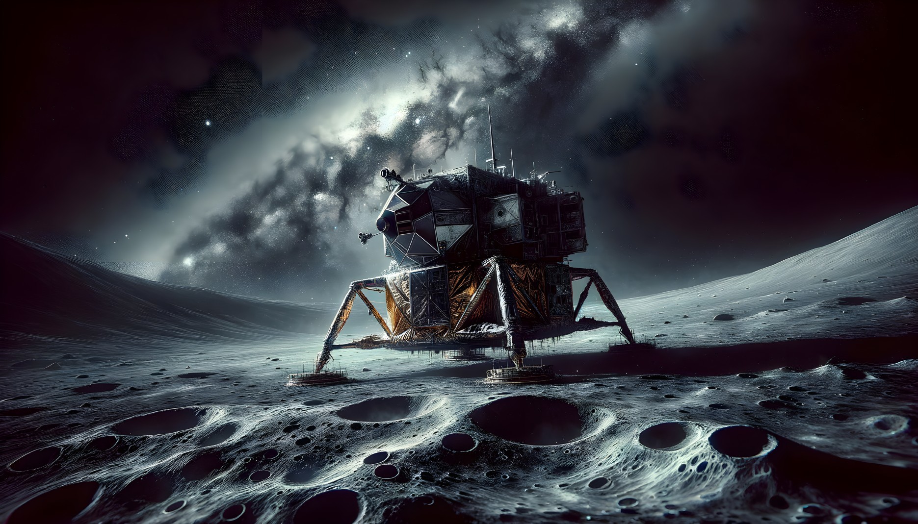 Lunar lander on moon's surface with starlit sky, craters, and Earth in distance
