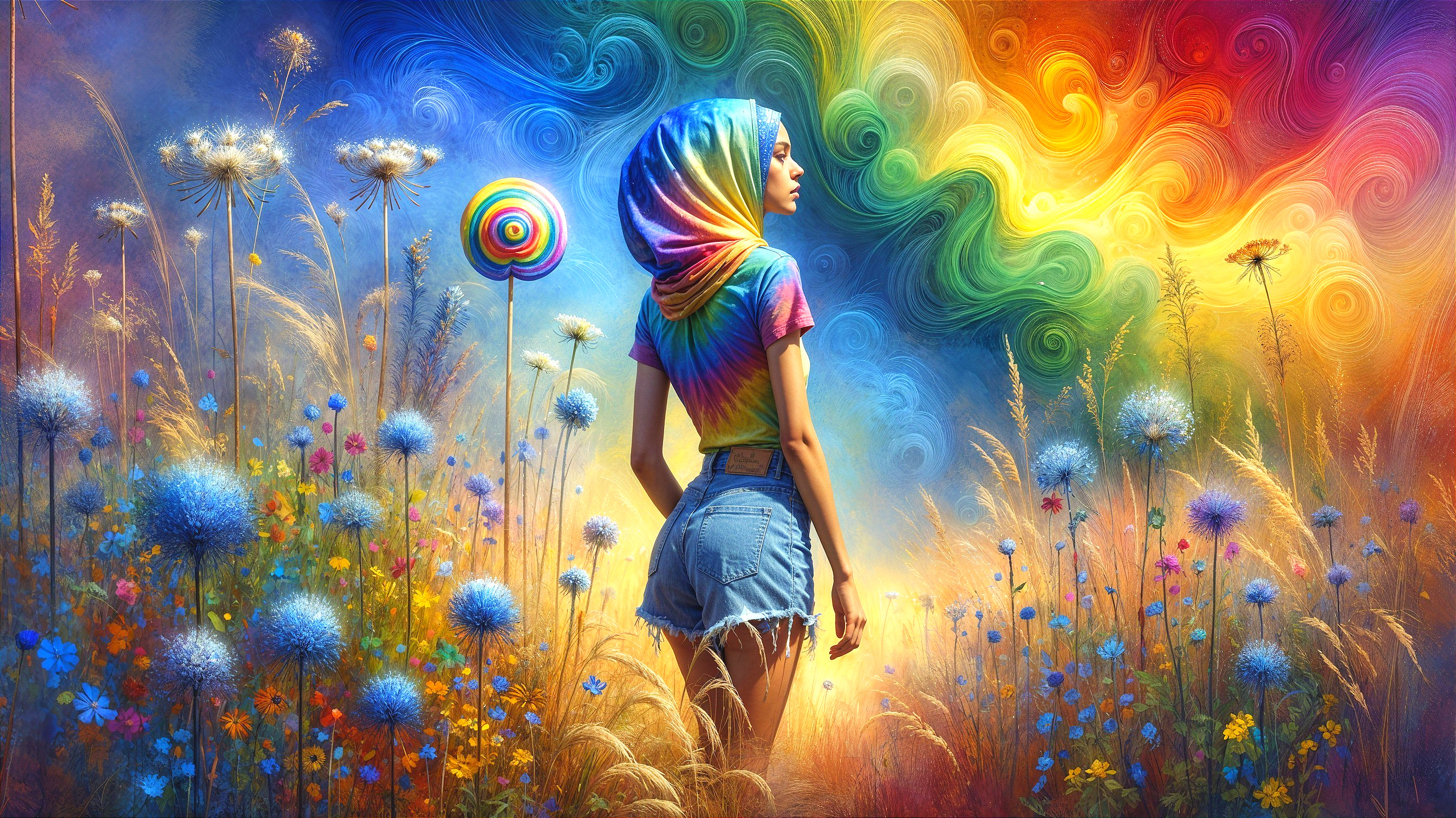 Young Woman in Tie-Dye Hoodie in Colorful Field