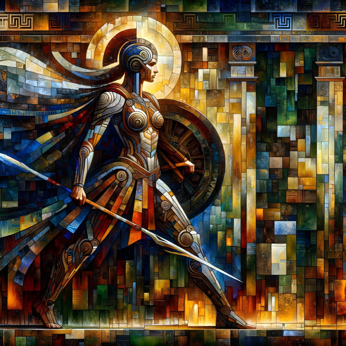 Warrior in Armor Against Geometric Mosaic Background