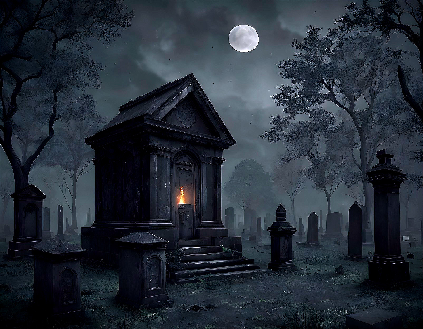 Foggy Graveyard with Eerie Tomb and Flickering Light