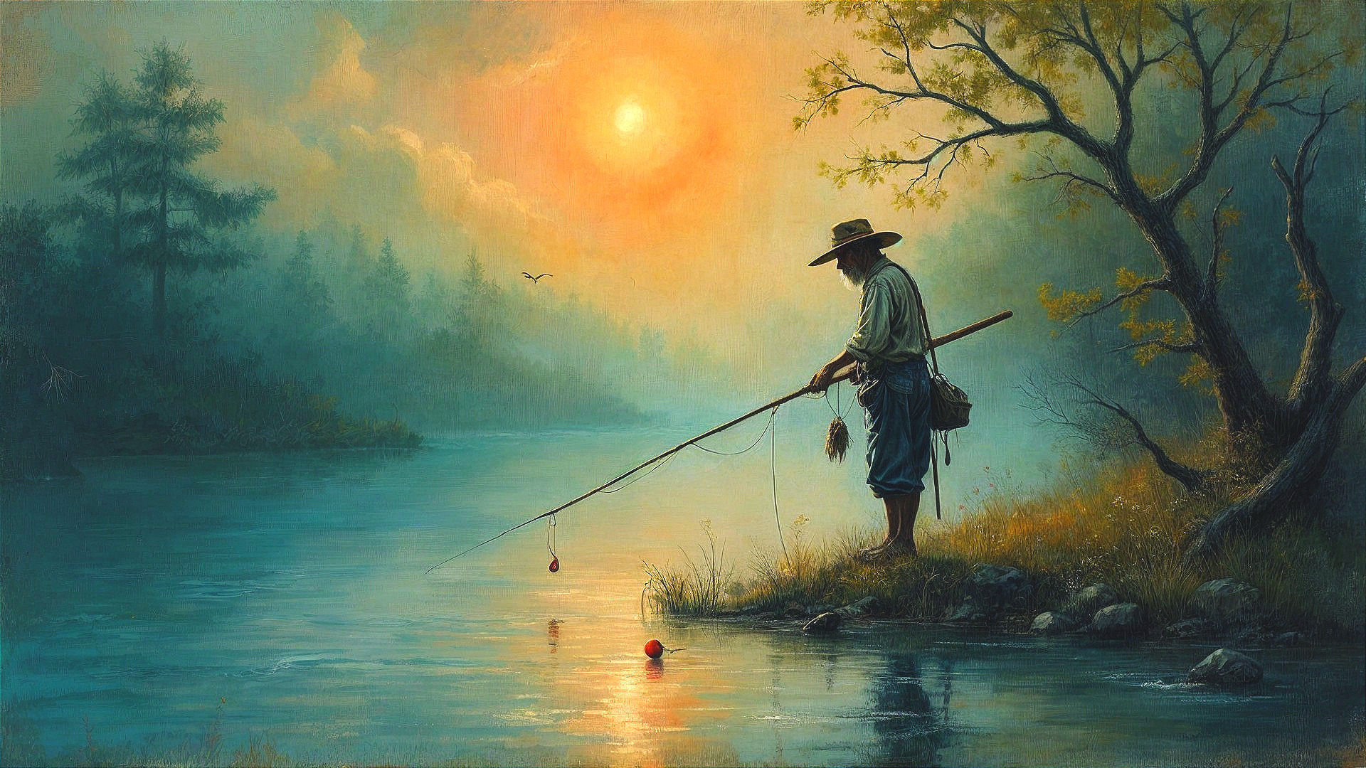 Solitary Fisherman by Tranquil River at Sunset