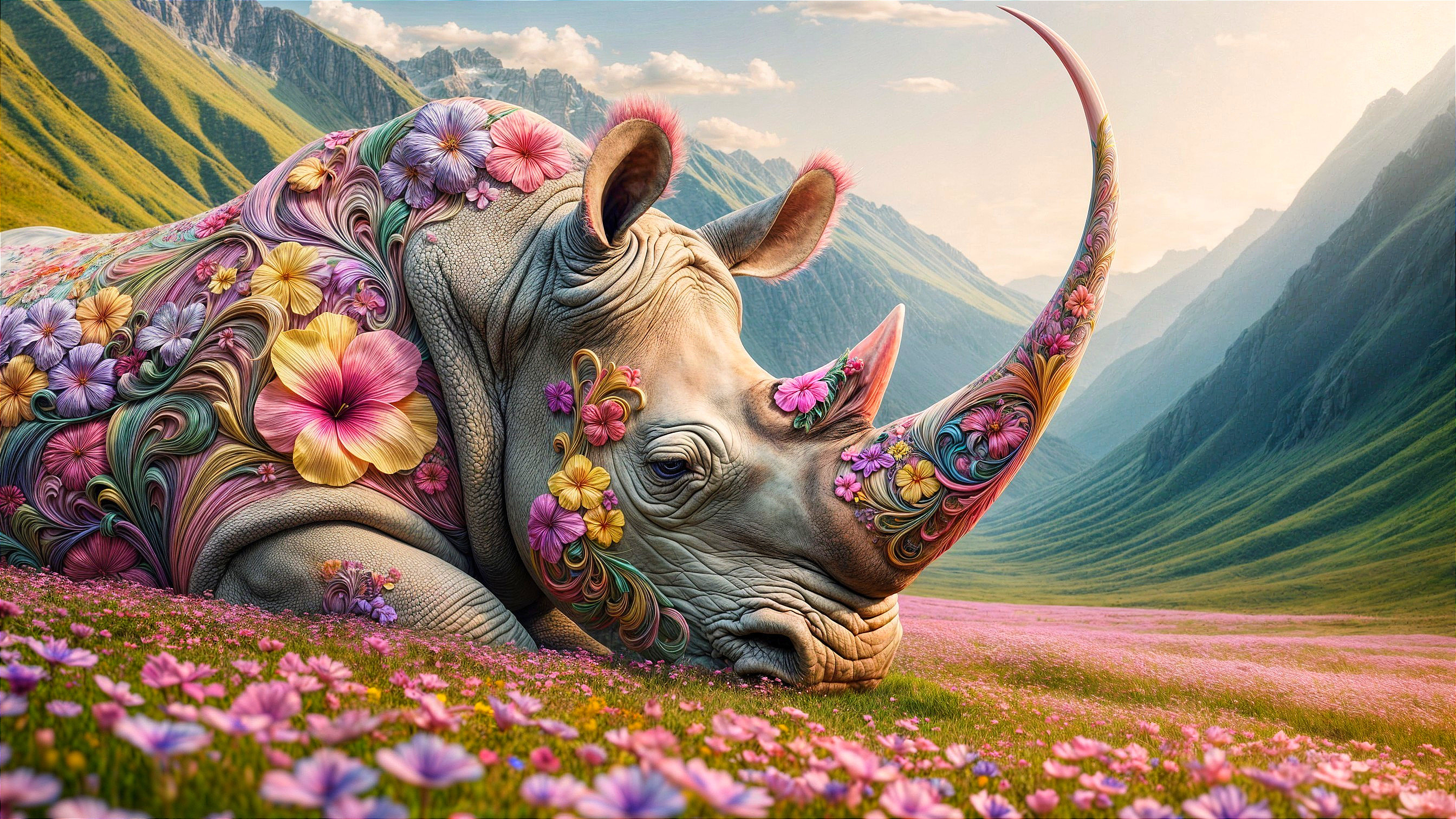 Whimsical Rhinoceros in a Colorful Meadow Landscape