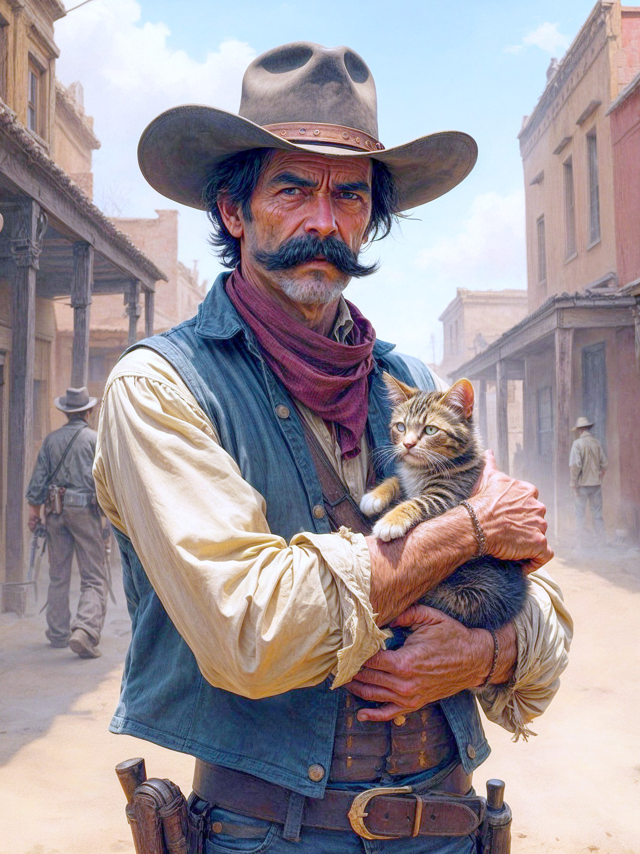 Cowboy Holding Fluffy Kitten in Dusty Old Town