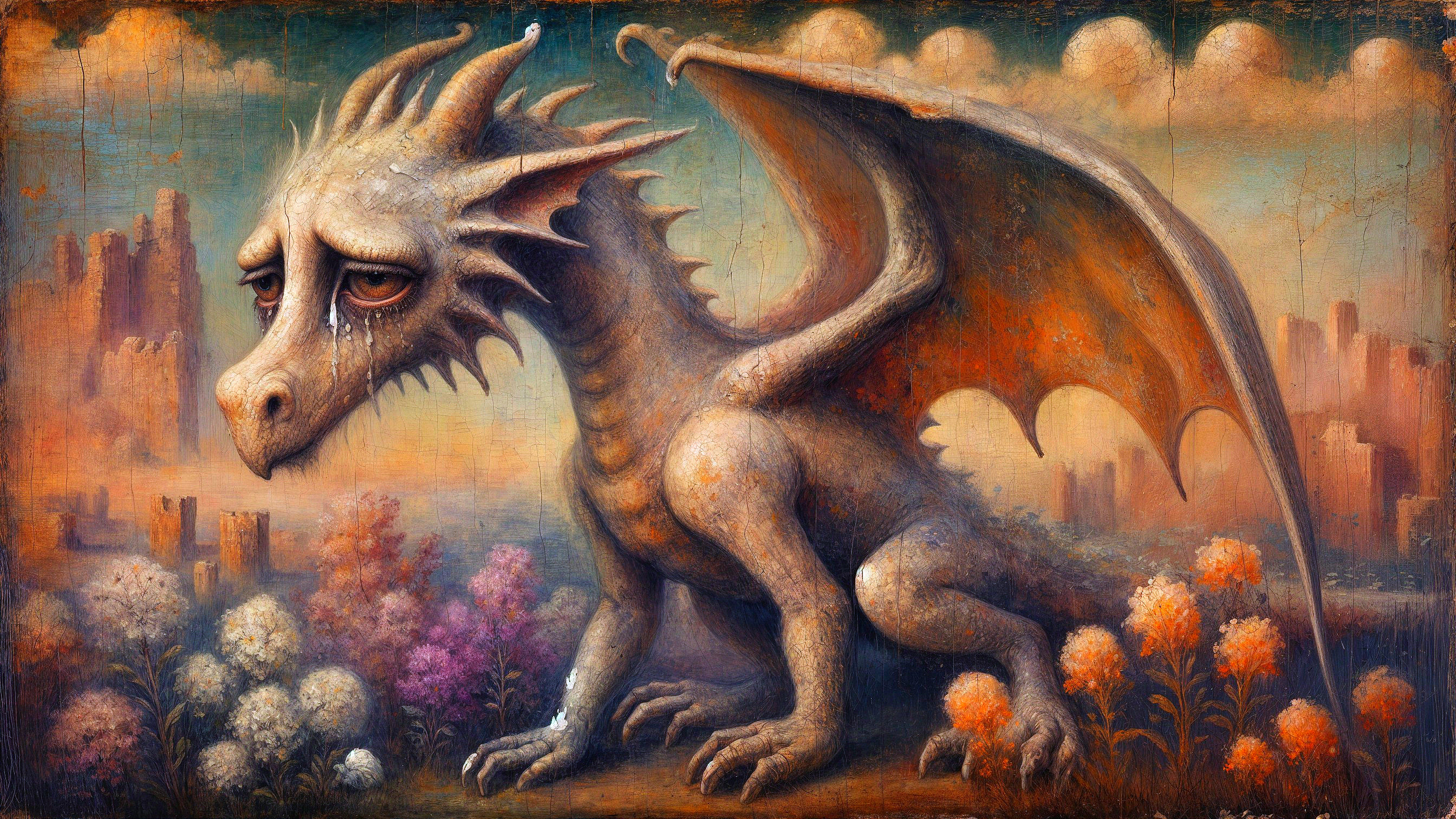 Sorrowful dragon among flowers and ancient ruins