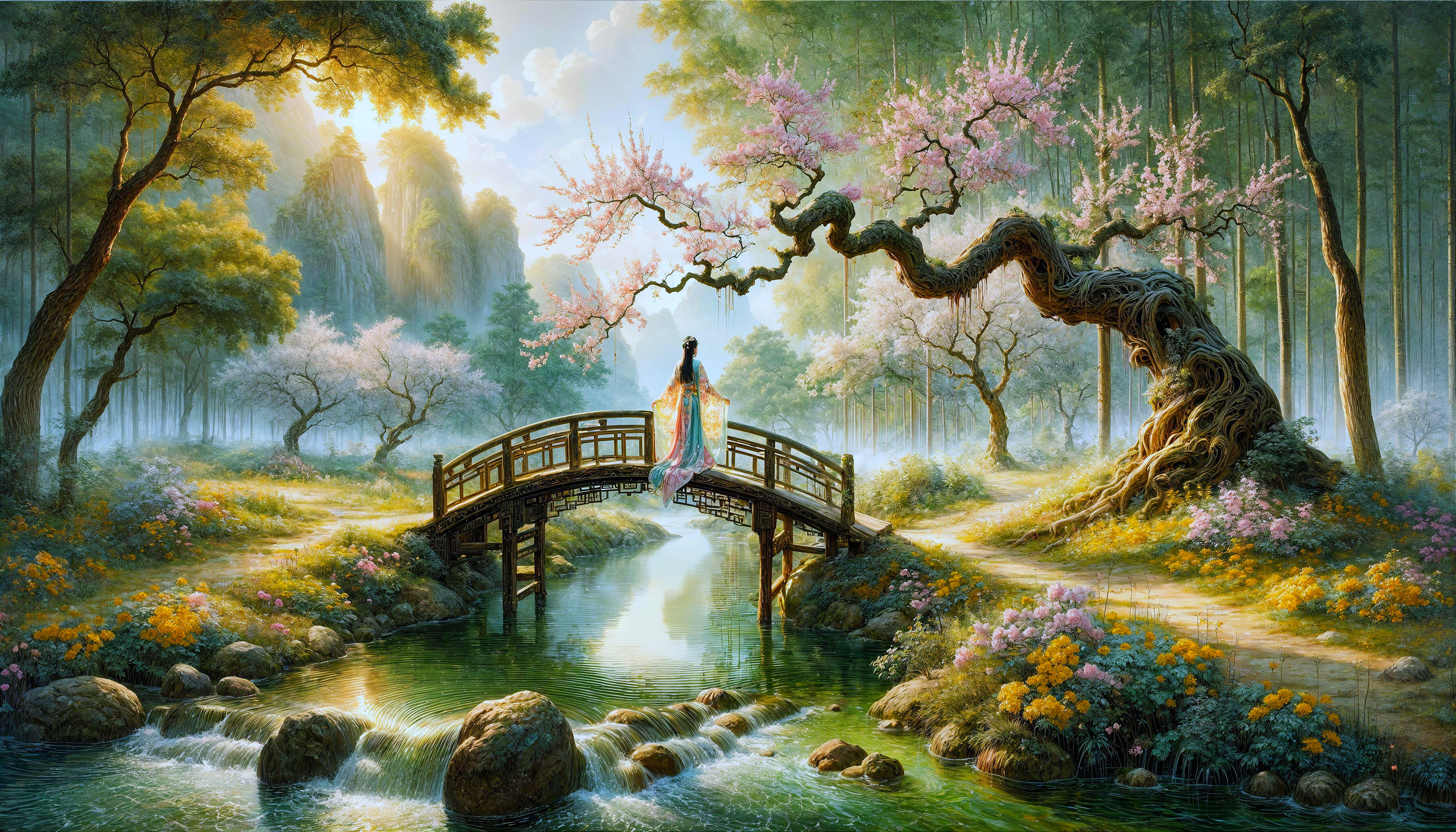 Serene Landscape with Bridge and Cherry Blossoms