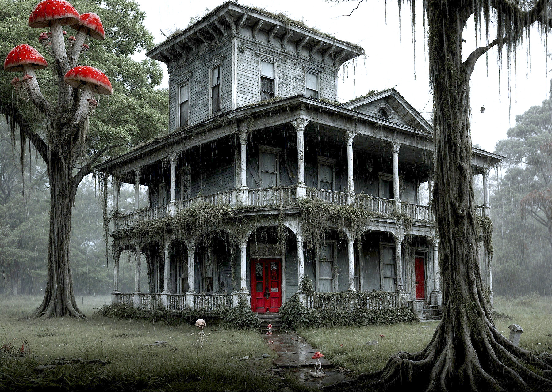 Dilapidated Victorian Mansion in Misty Landscape