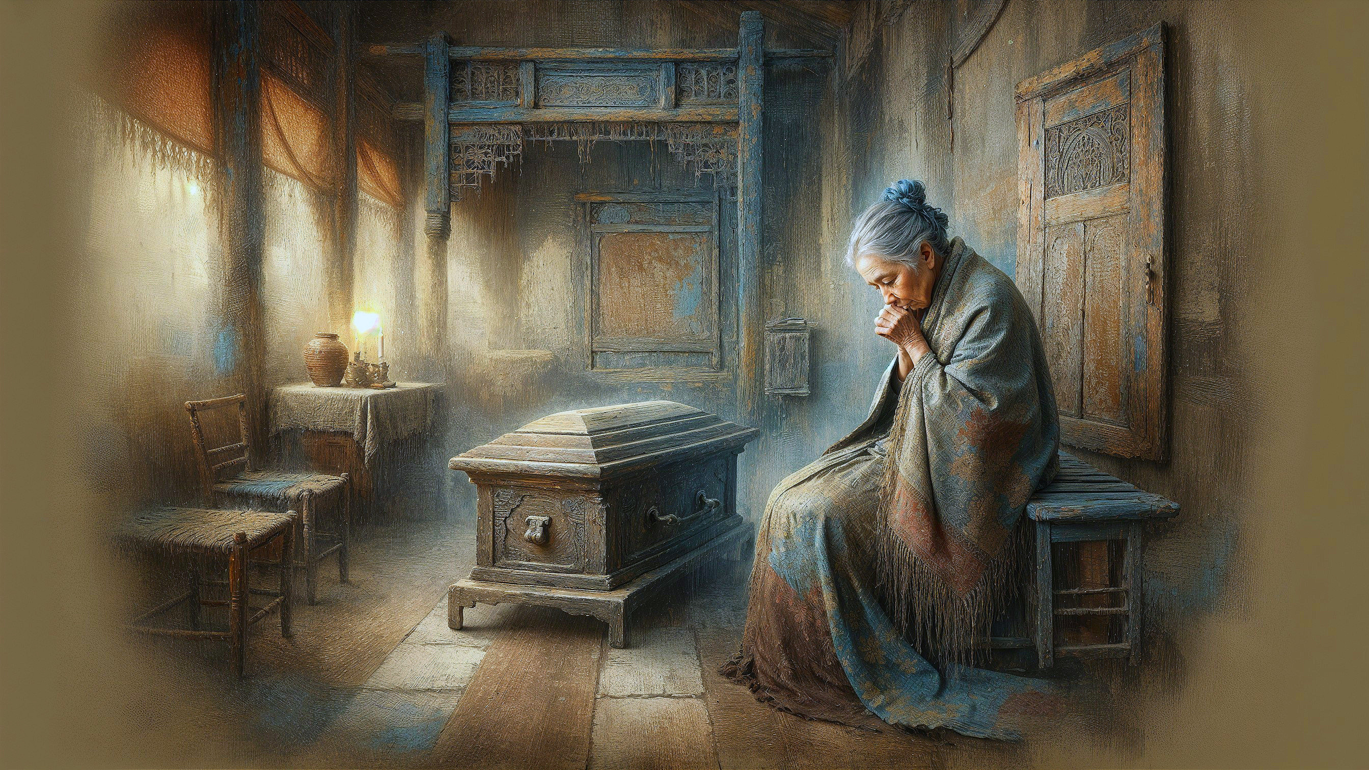 Elderly Woman Contemplating in Rustic Room by Coffin
