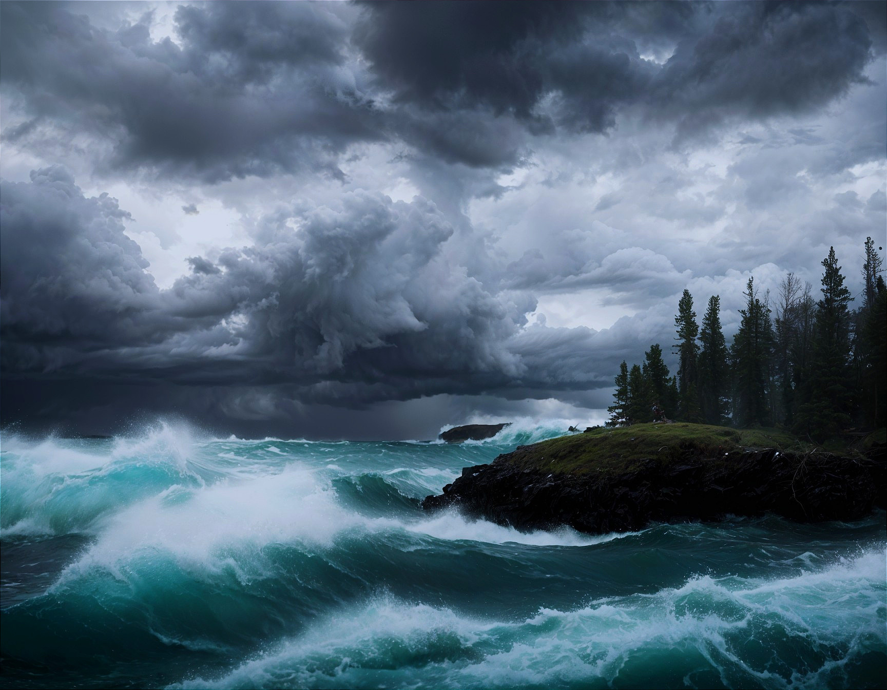 Dramatic Seascape with Turbulent Waves and Dark Rocks