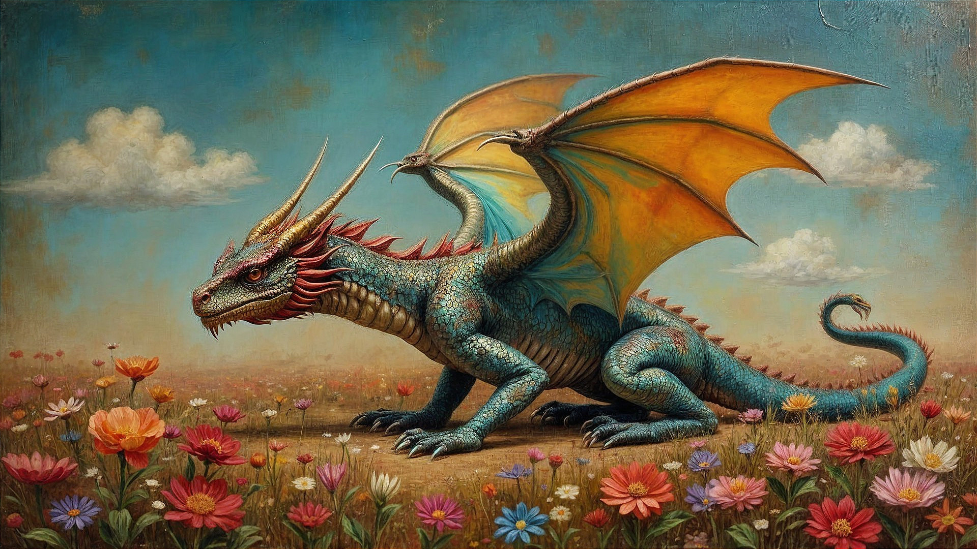 Majestic dragon in a vibrant flower field under sky