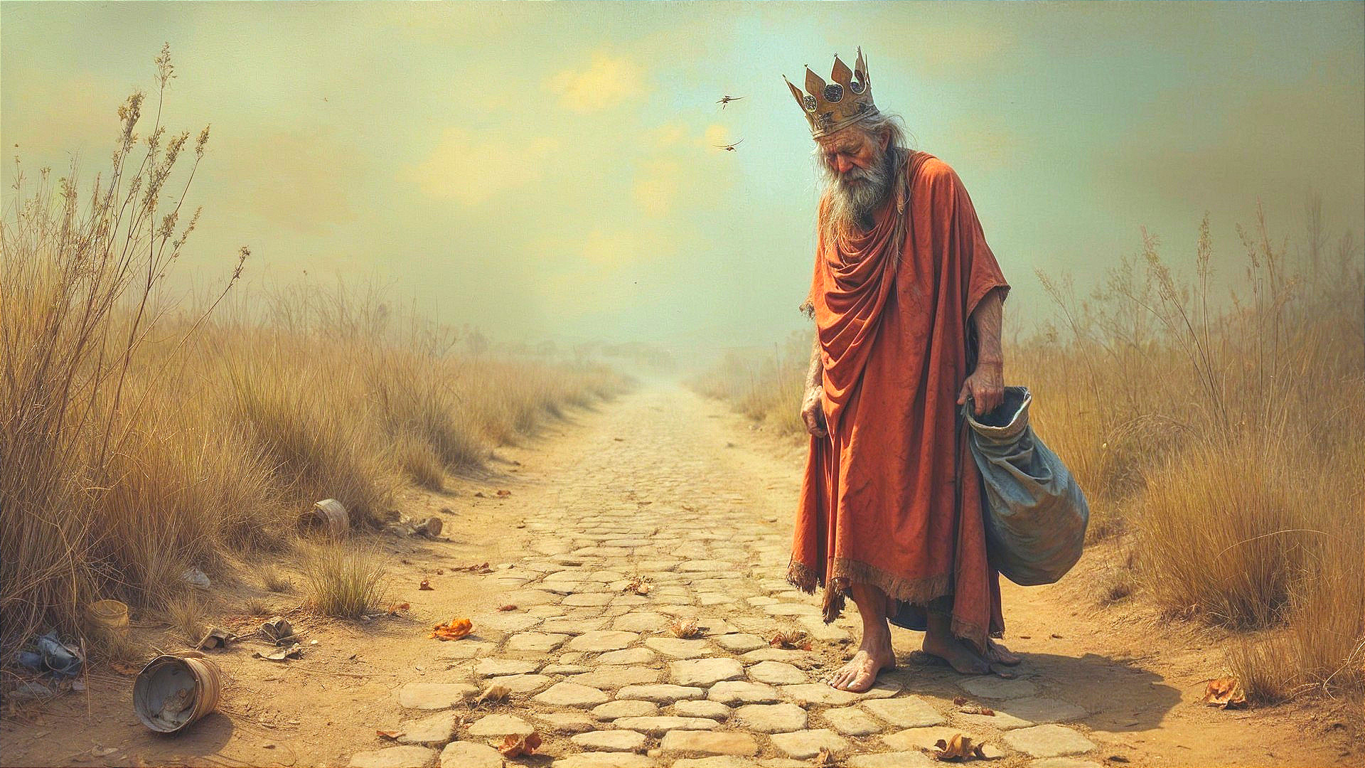 Bearded Man in Orange Robe on Dusty Pathway