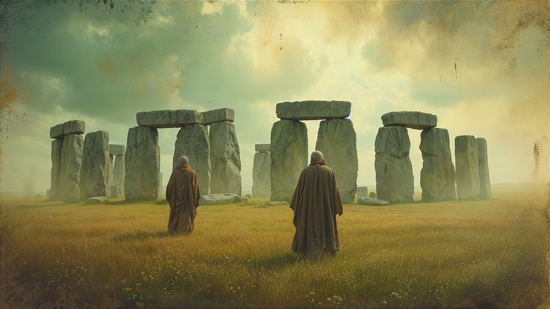 Robed Figures Approaching Stonehenge in Grassy Landscape