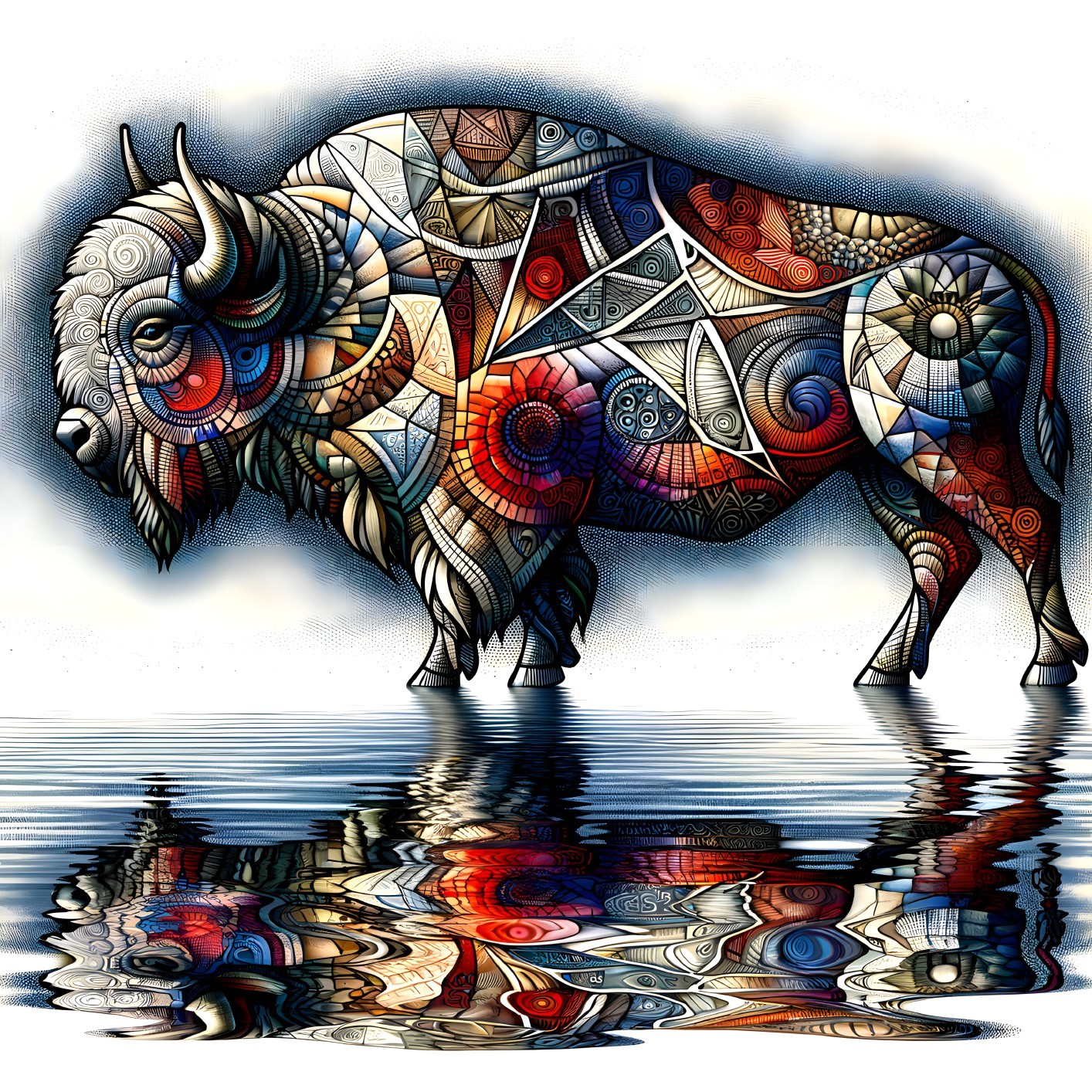 Colorful geometric bull illustration with water reflection: abstract-realistic blend