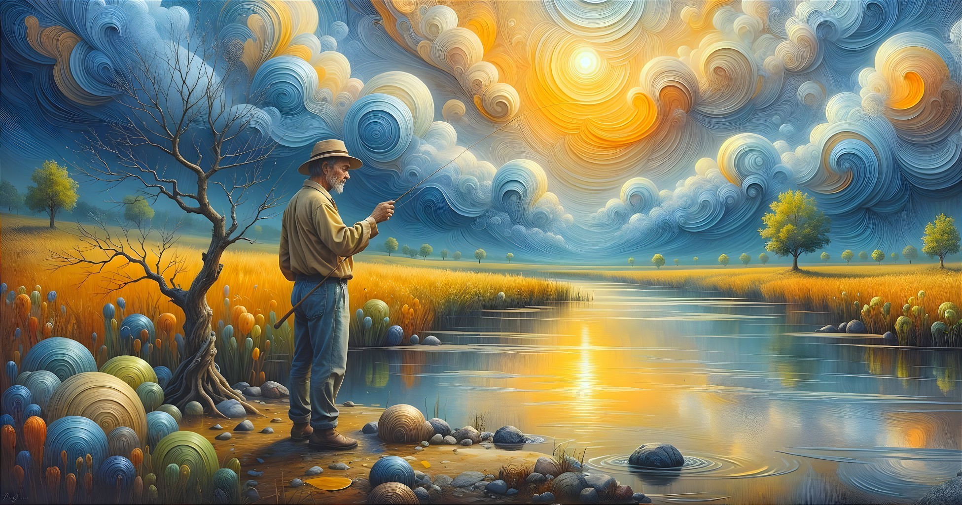 Fisherman by Tranquil River in Vibrant Landscape