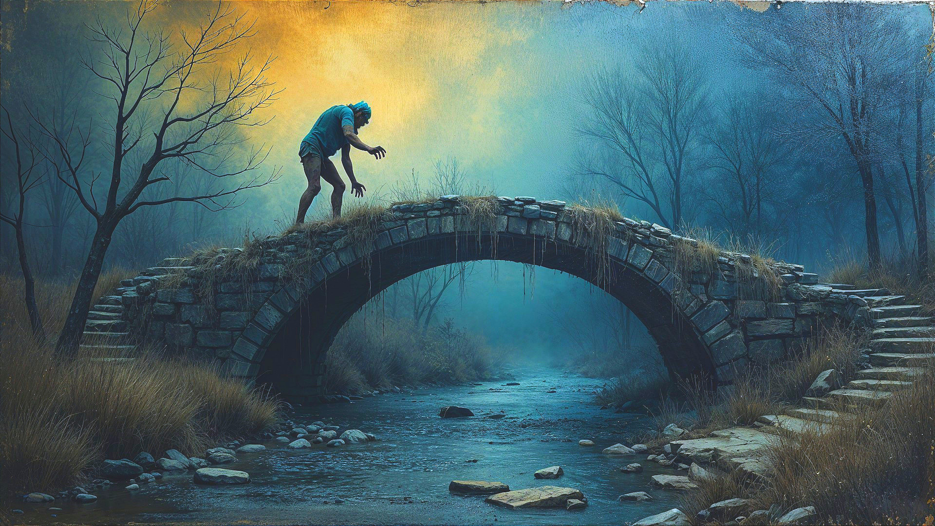 Spectral Figure on a Stone Bridge in Twilight Landscape