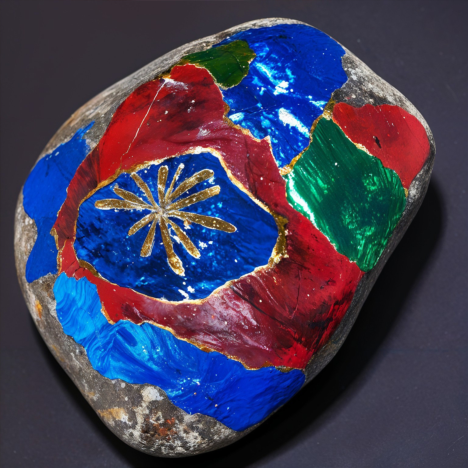 Vibrantly Painted Rock with Intricate Starburst Design
