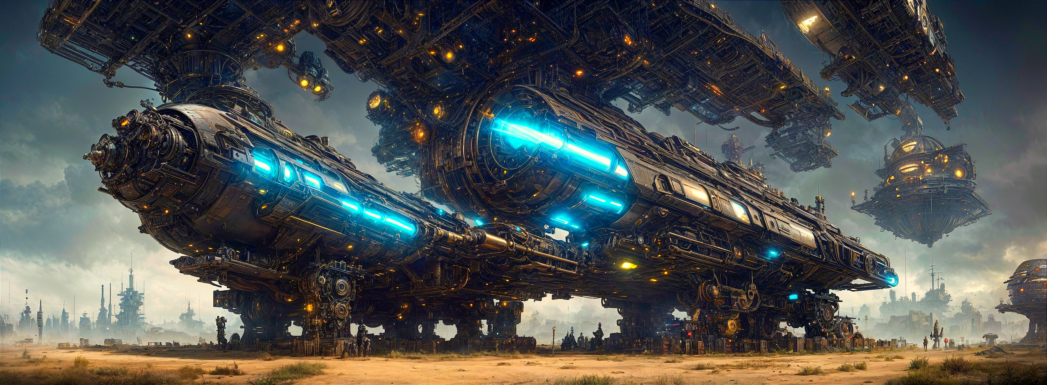 Futuristic Landscape with Giant Spacecraft and Figures