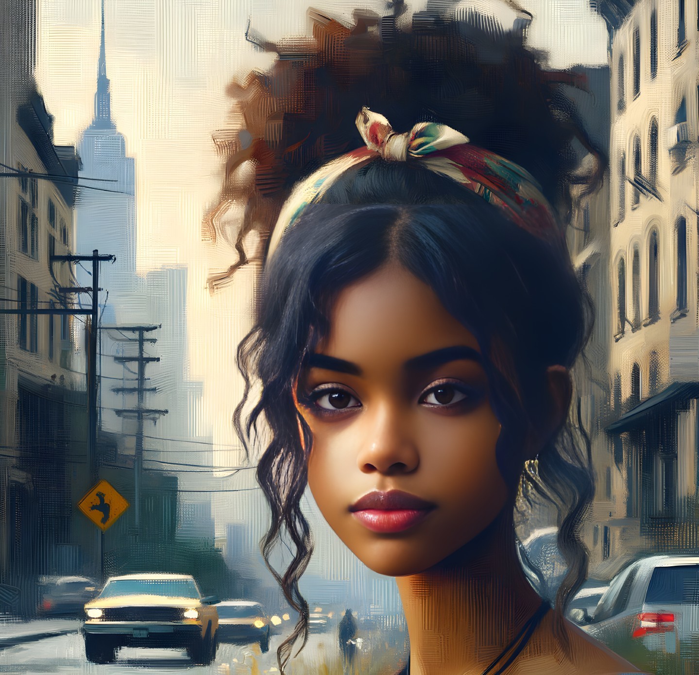 Digital Portrait of Young Woman with Cityscape Background