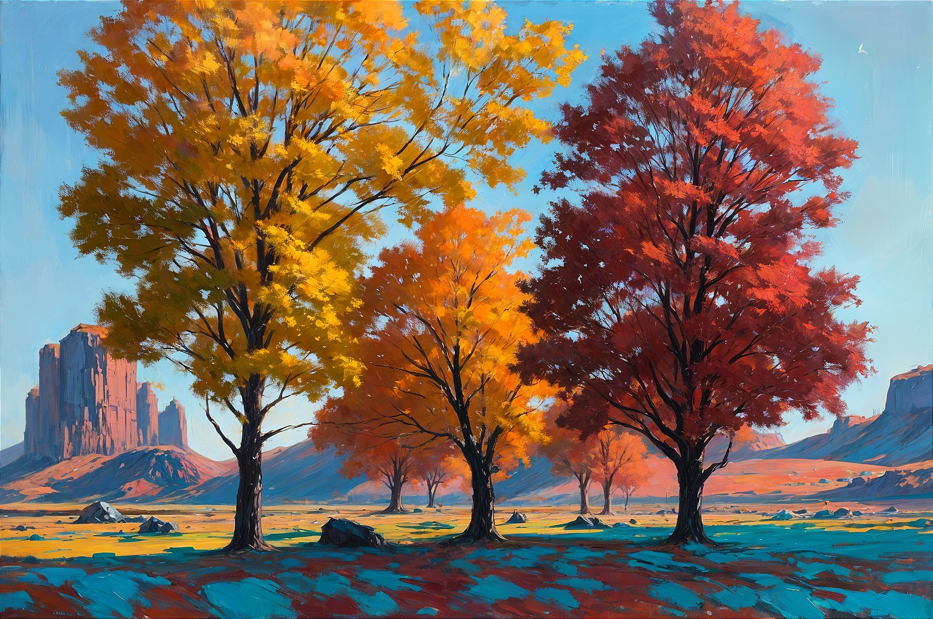 Autumn Landscape with Three Colorful Trees and Rocks