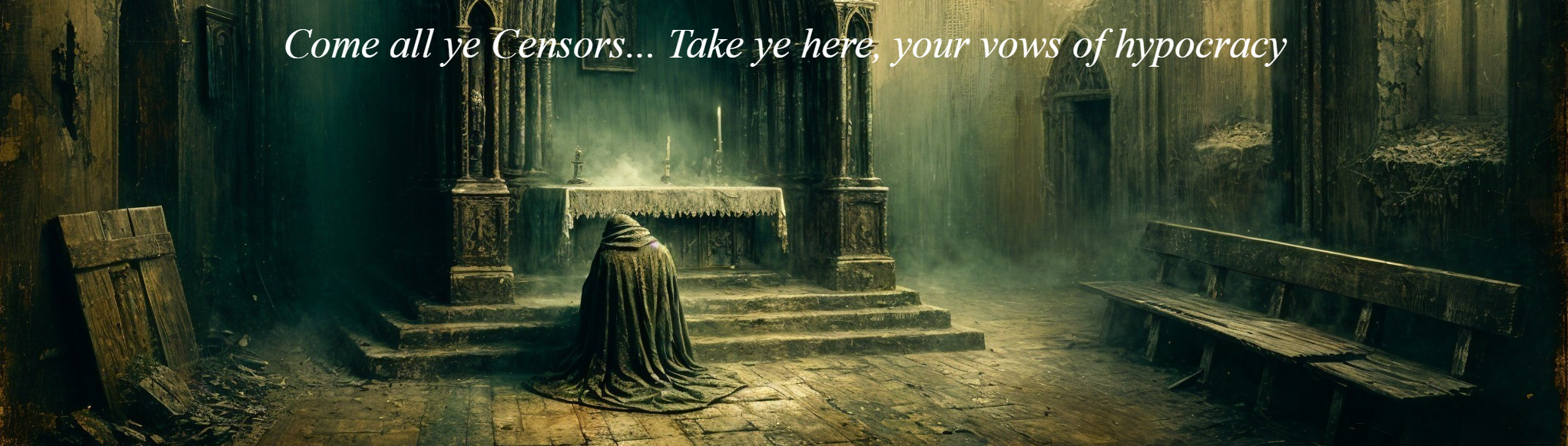 Dimly Lit Room with Altar and Cloaked Figure