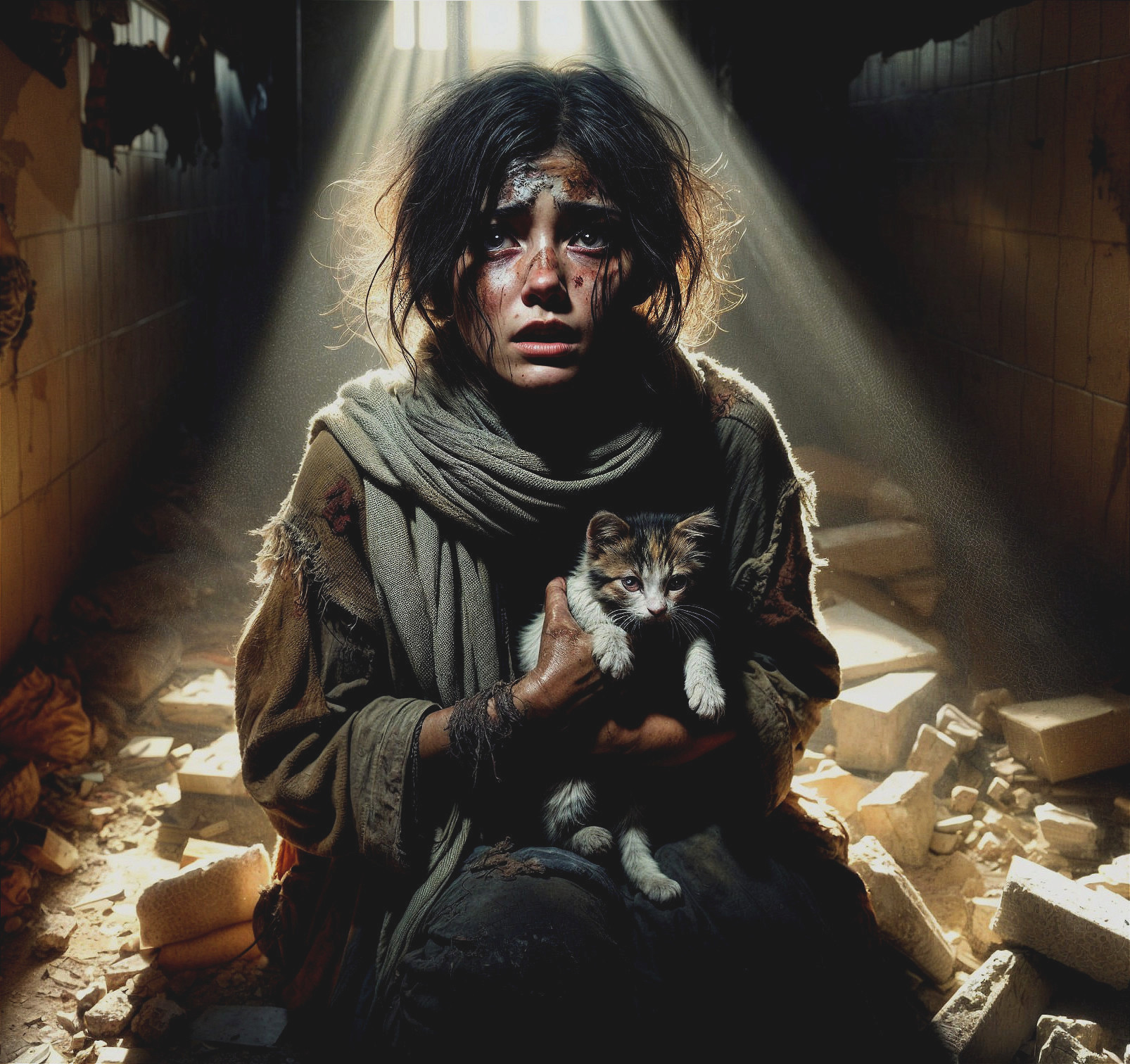 Child with kitten in a dim, crumbling space