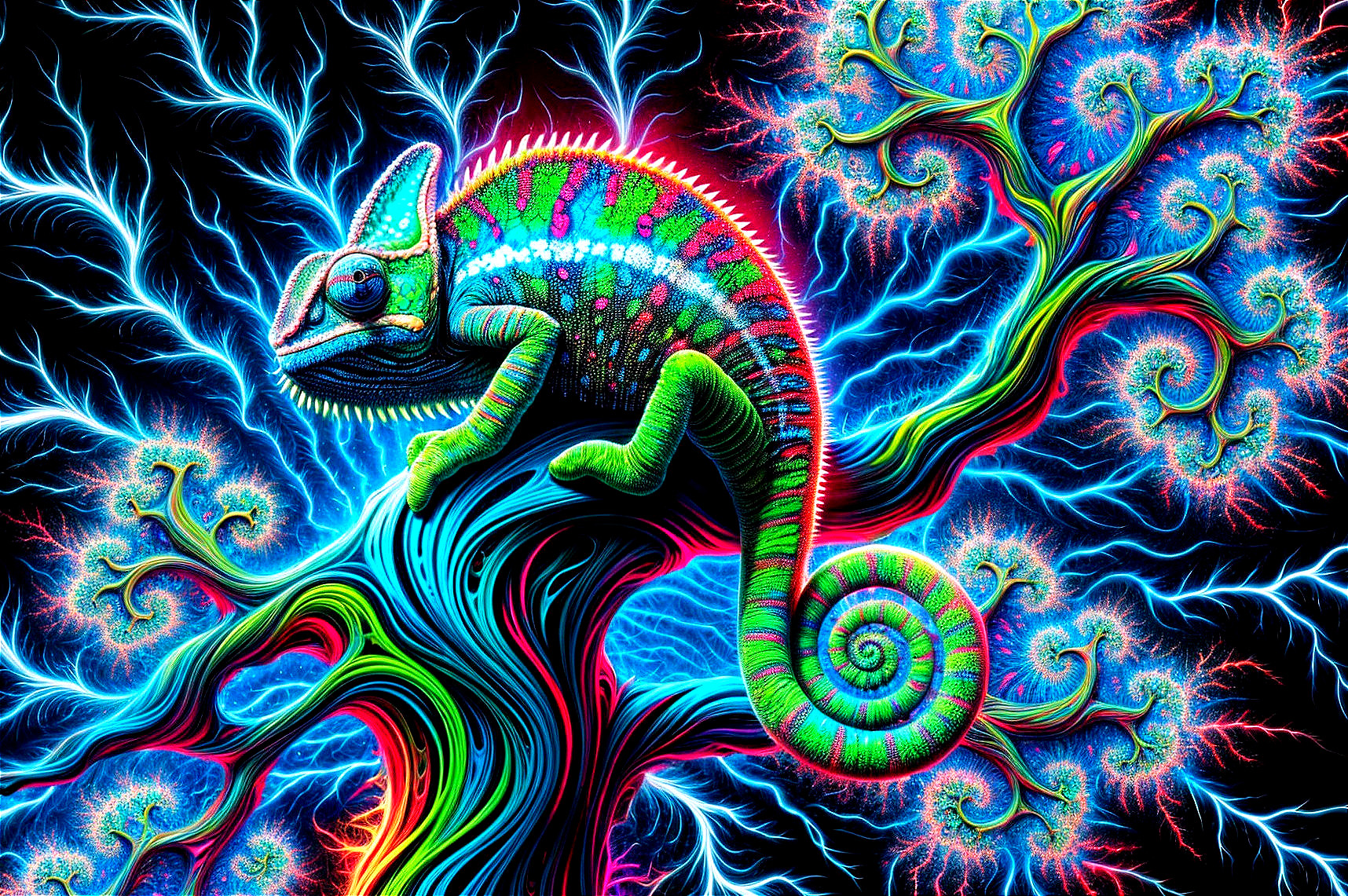 Chameleon on Colorful Tree with Fractal Patterns