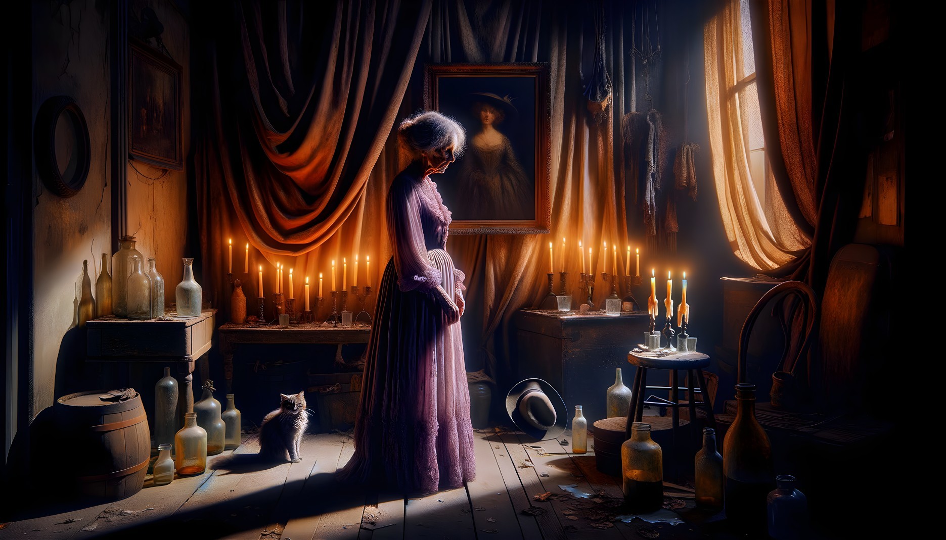 Contemplative Woman in Purple Dress with Candles and Cat