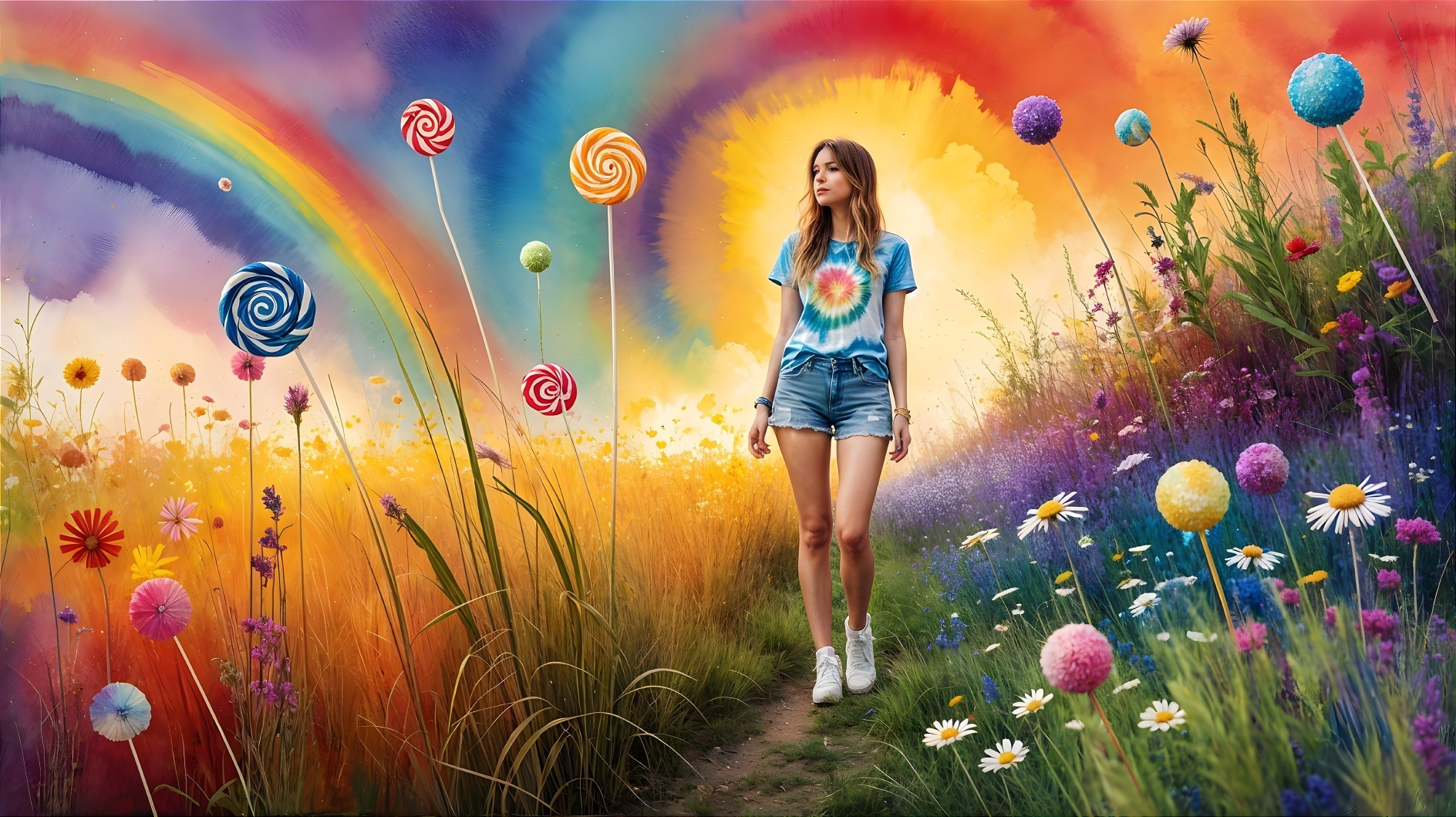 Young Woman in Colorful Landscape with Lollipops