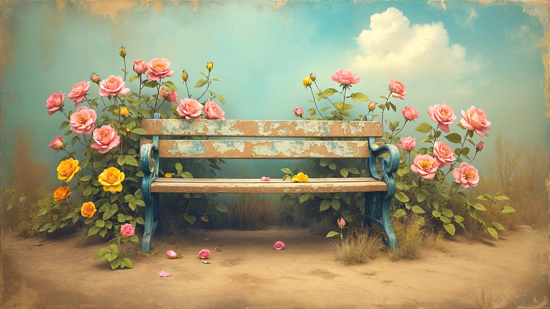Weathered Bench Surrounded by Blooming Roses