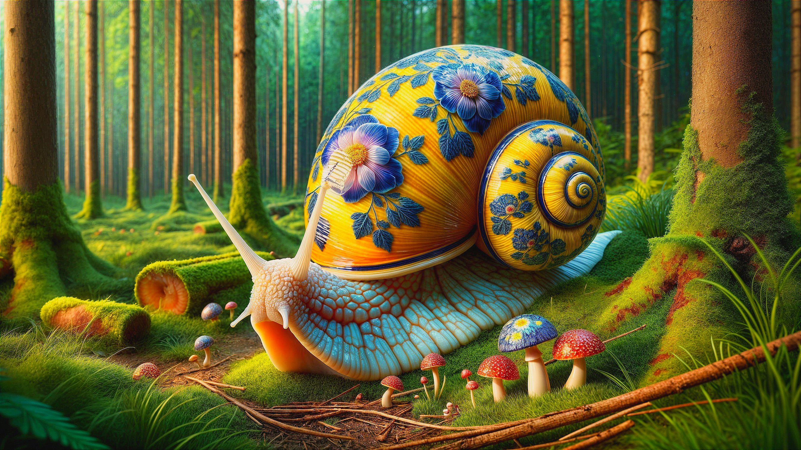 Vibrant Snail and Colorful Mushrooms in Forest Setting