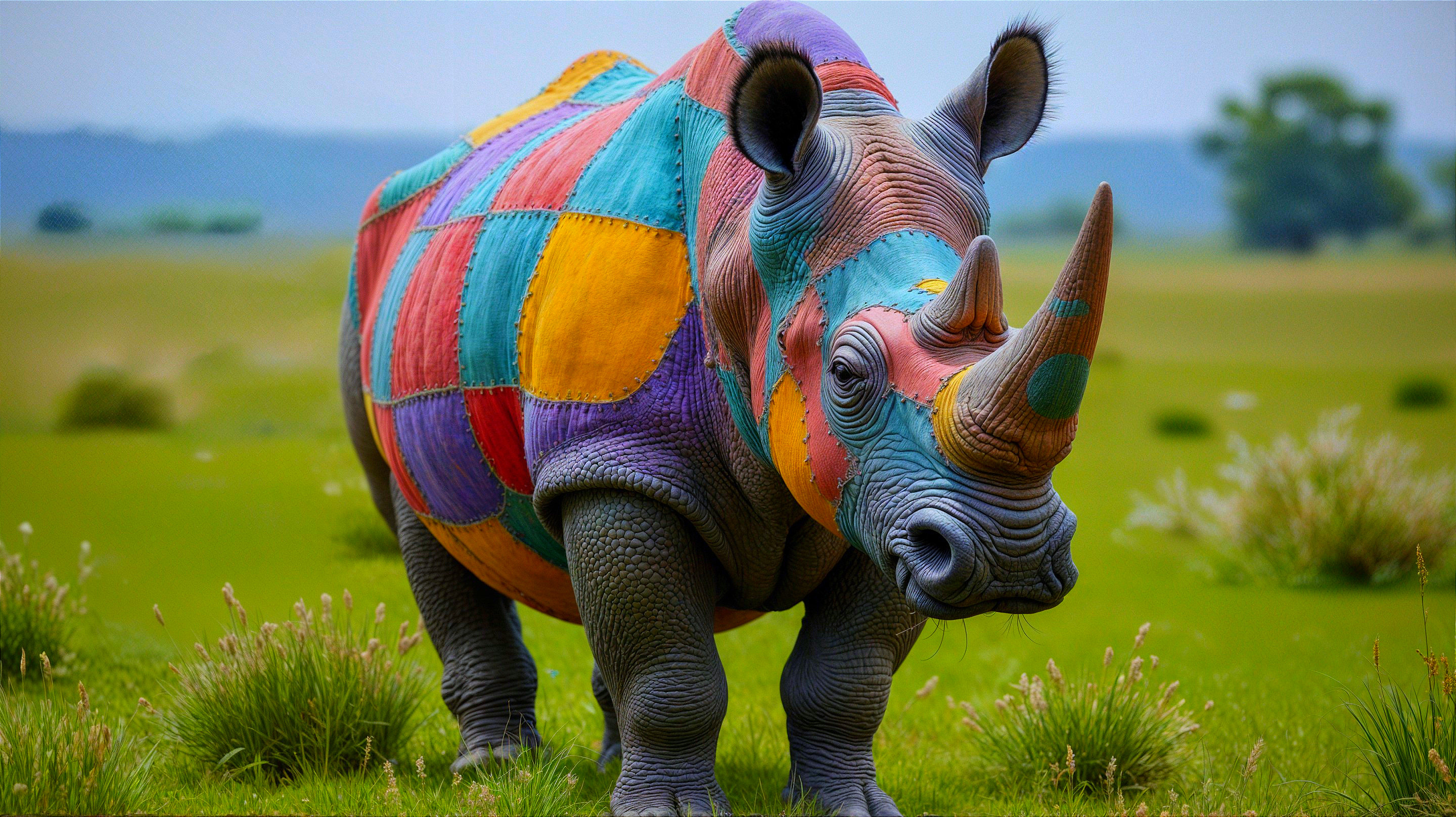 Vibrant Rhinoceros in a Colorful Green Landscape