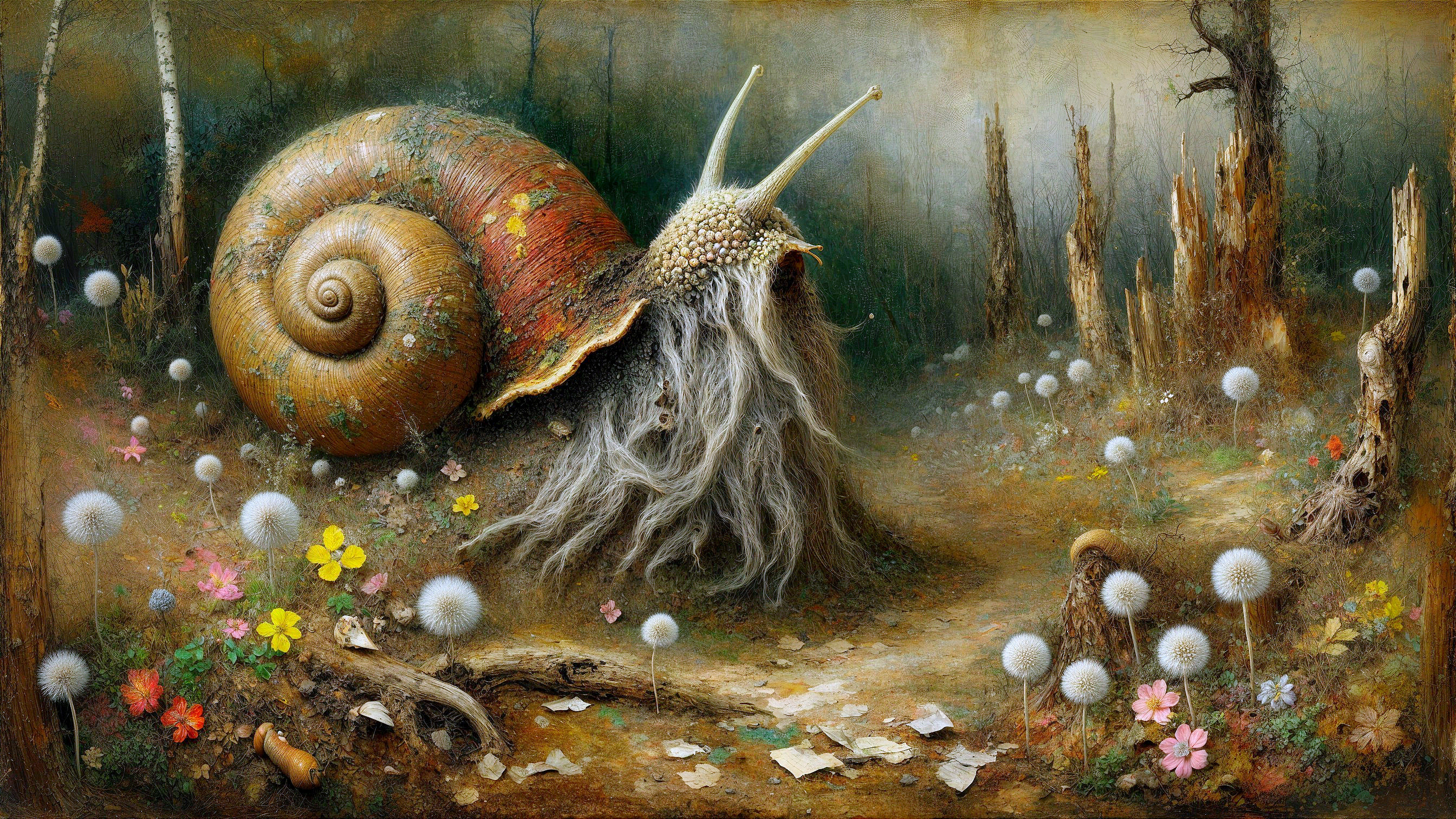 Whimsical Landscape with Enormous Snail and Flowers