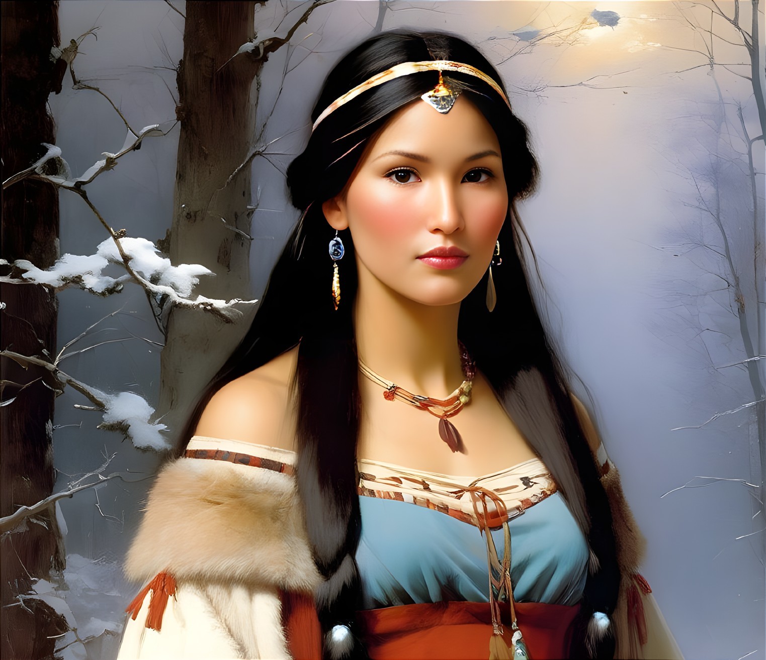Young Woman in Traditional Outfit in Snowy Forest