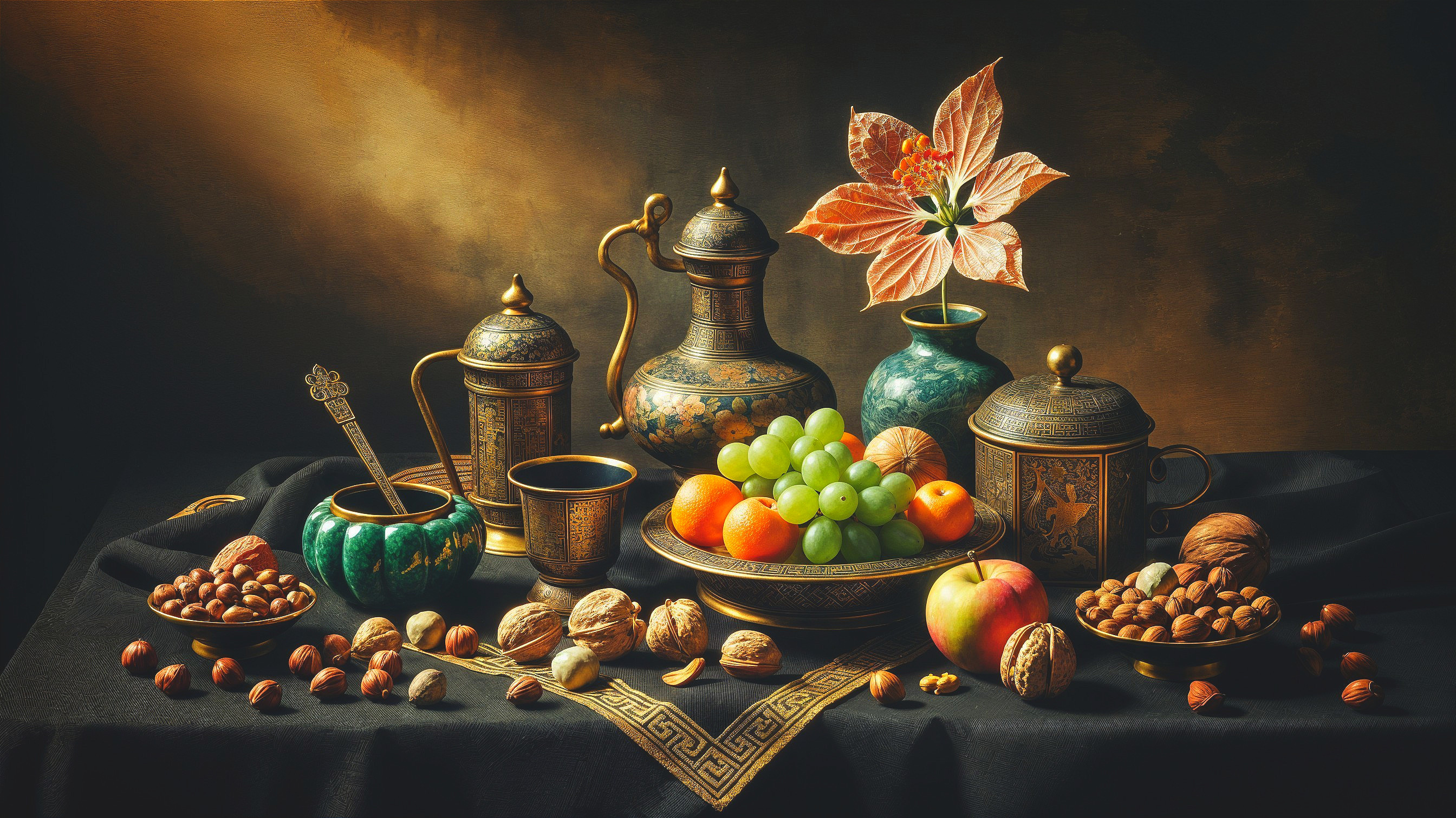 Still Life with Bronze Utensils and Vibrant Fruits