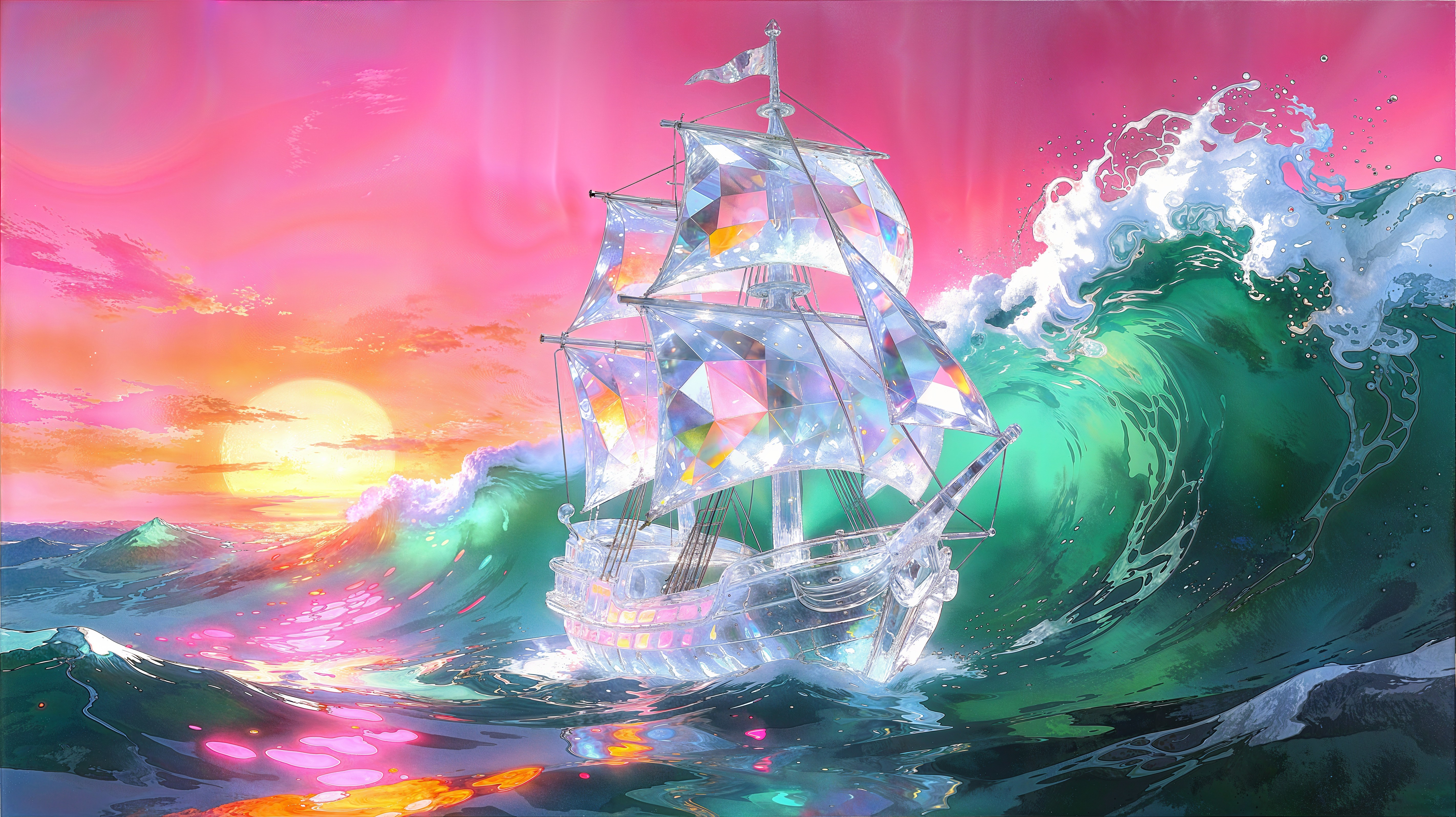 Crystal Ship in Vibrant Ocean Under Colorful Sunset