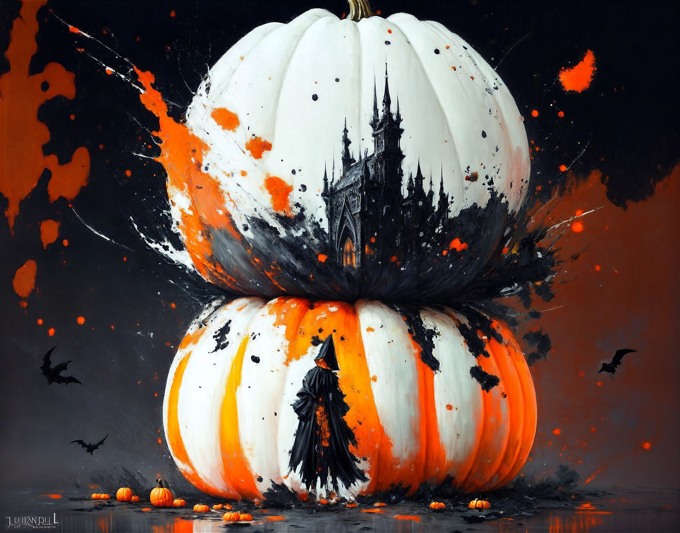 Halloween Scene with Stacked Pumpkins and Cloaked Figure
