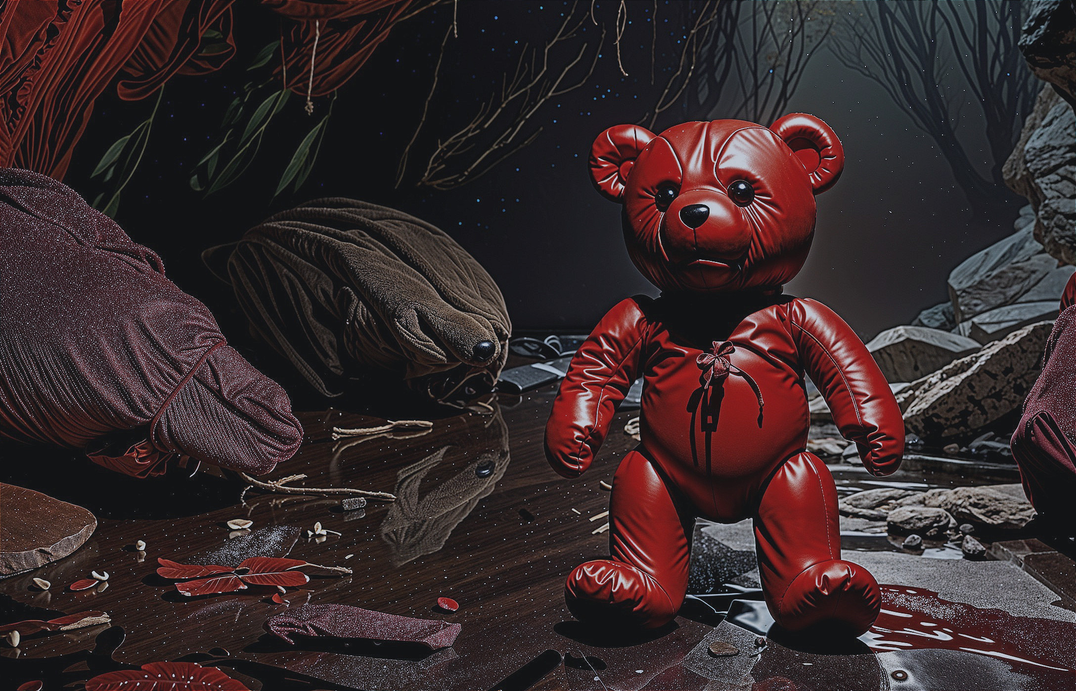 Vibrant Red Teddy Bear in Surreal Dark Landscape