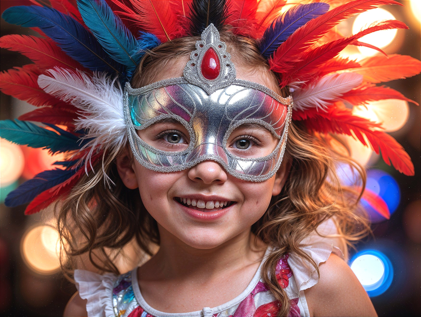 Young Girl in Colorful Mask with Festive Outfit