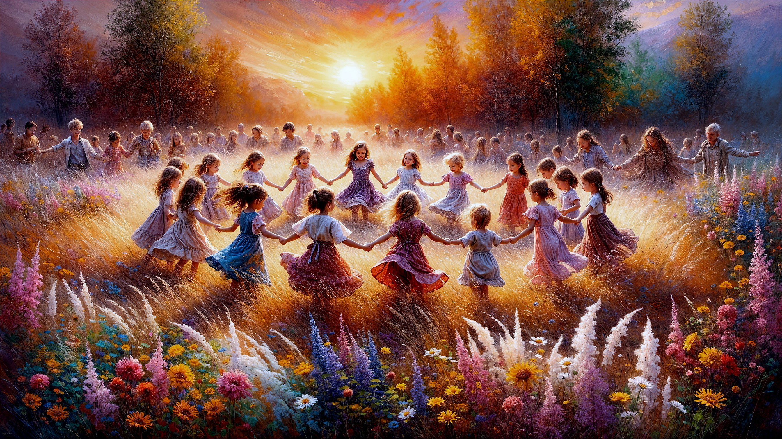 Children Dancing in a Golden Field at Sunset