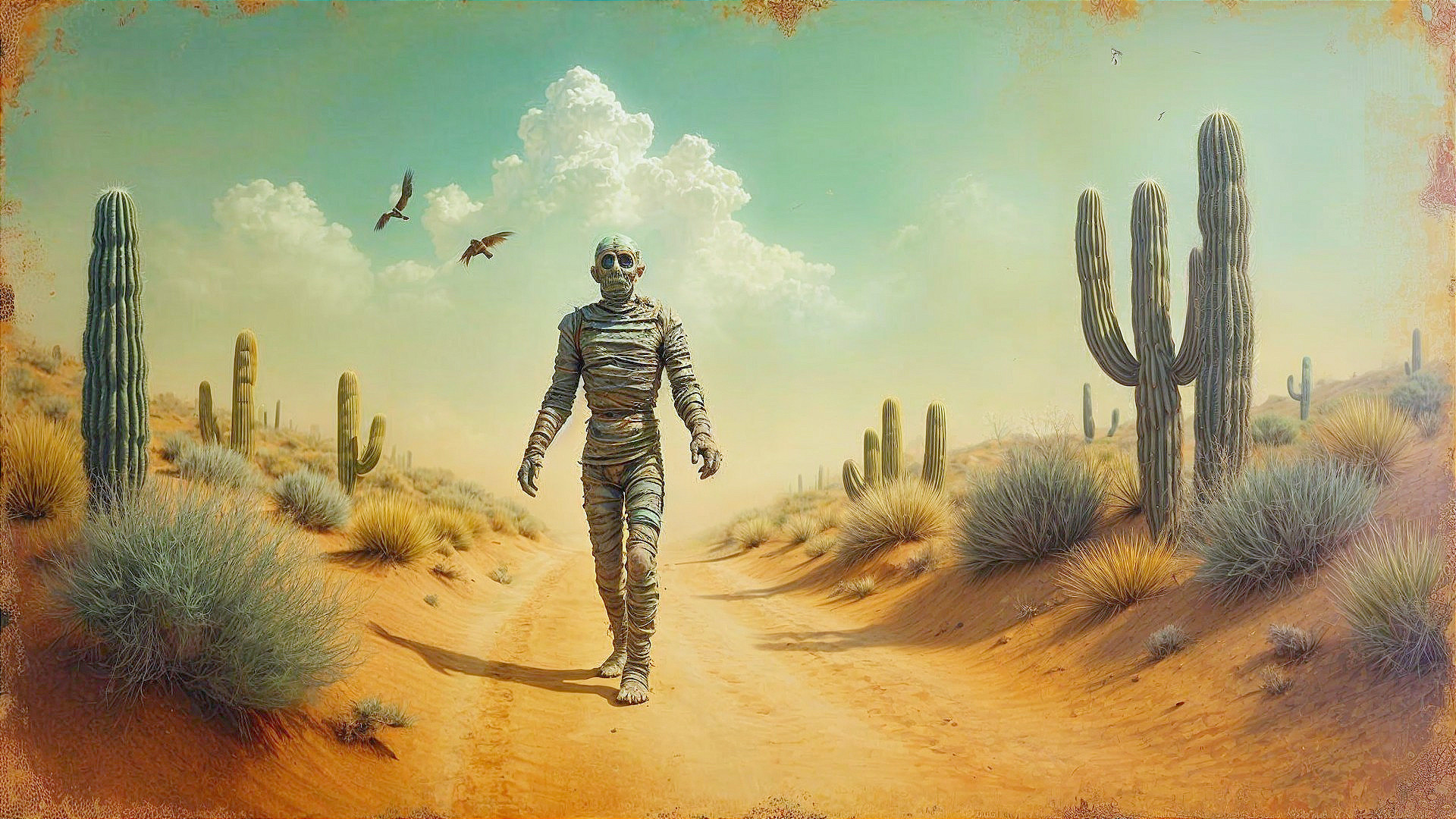 Mummy Walking in Desert Landscape with Cacti and Clouds