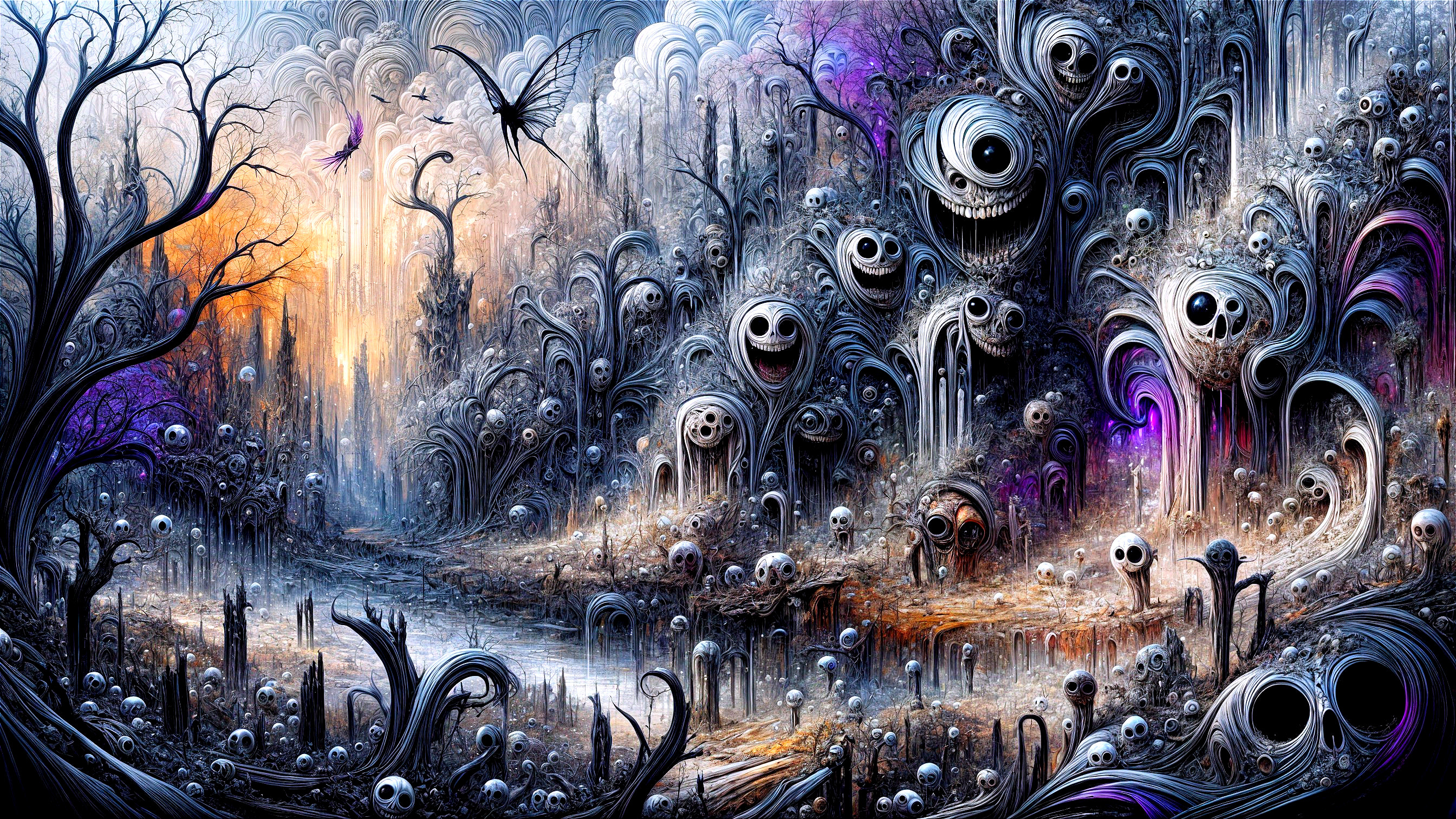 Surreal Landscape with Abstract Shapes and Eerie Faces