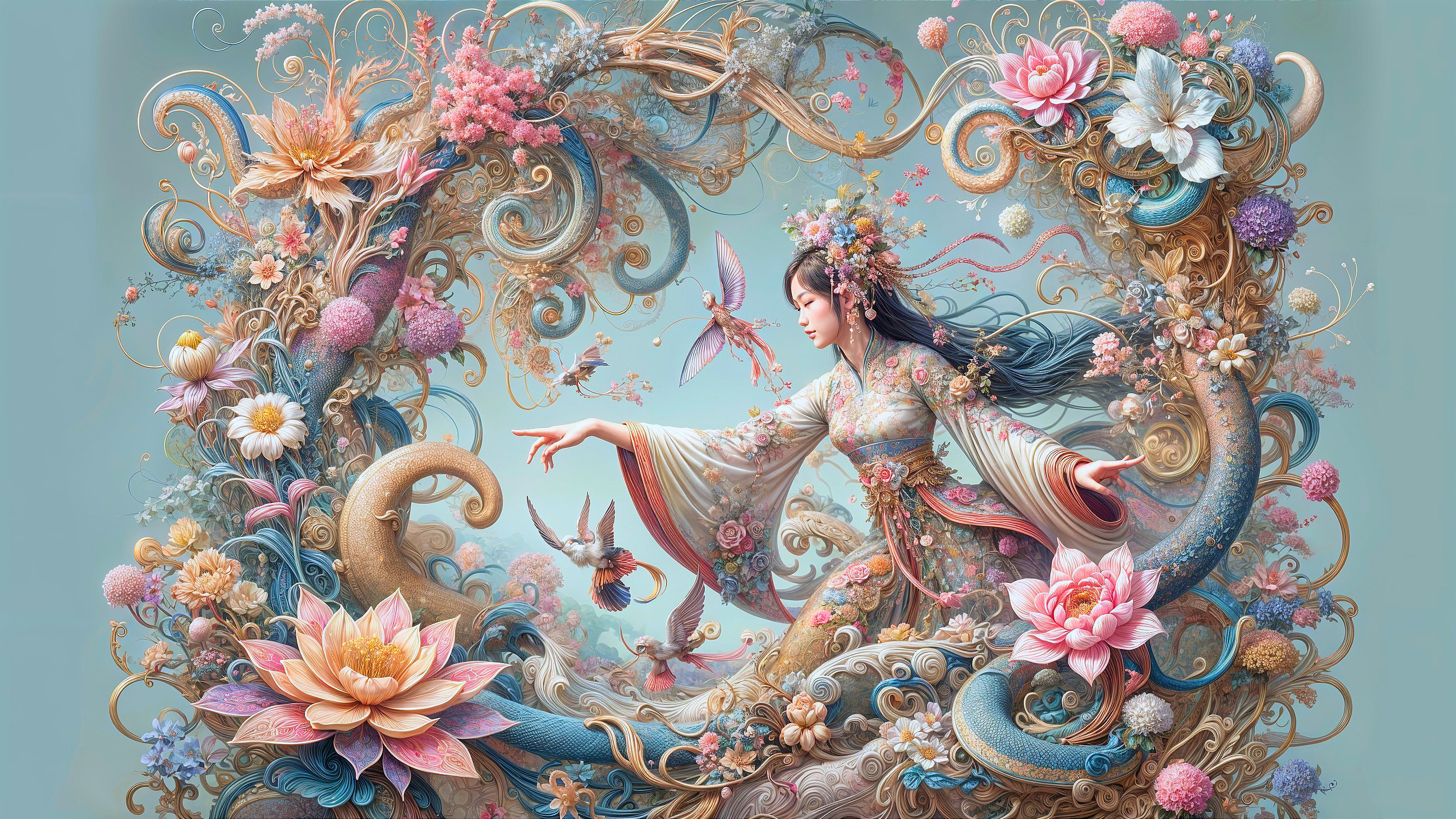 Intricate Illustration of a Serene Woman in Kimono