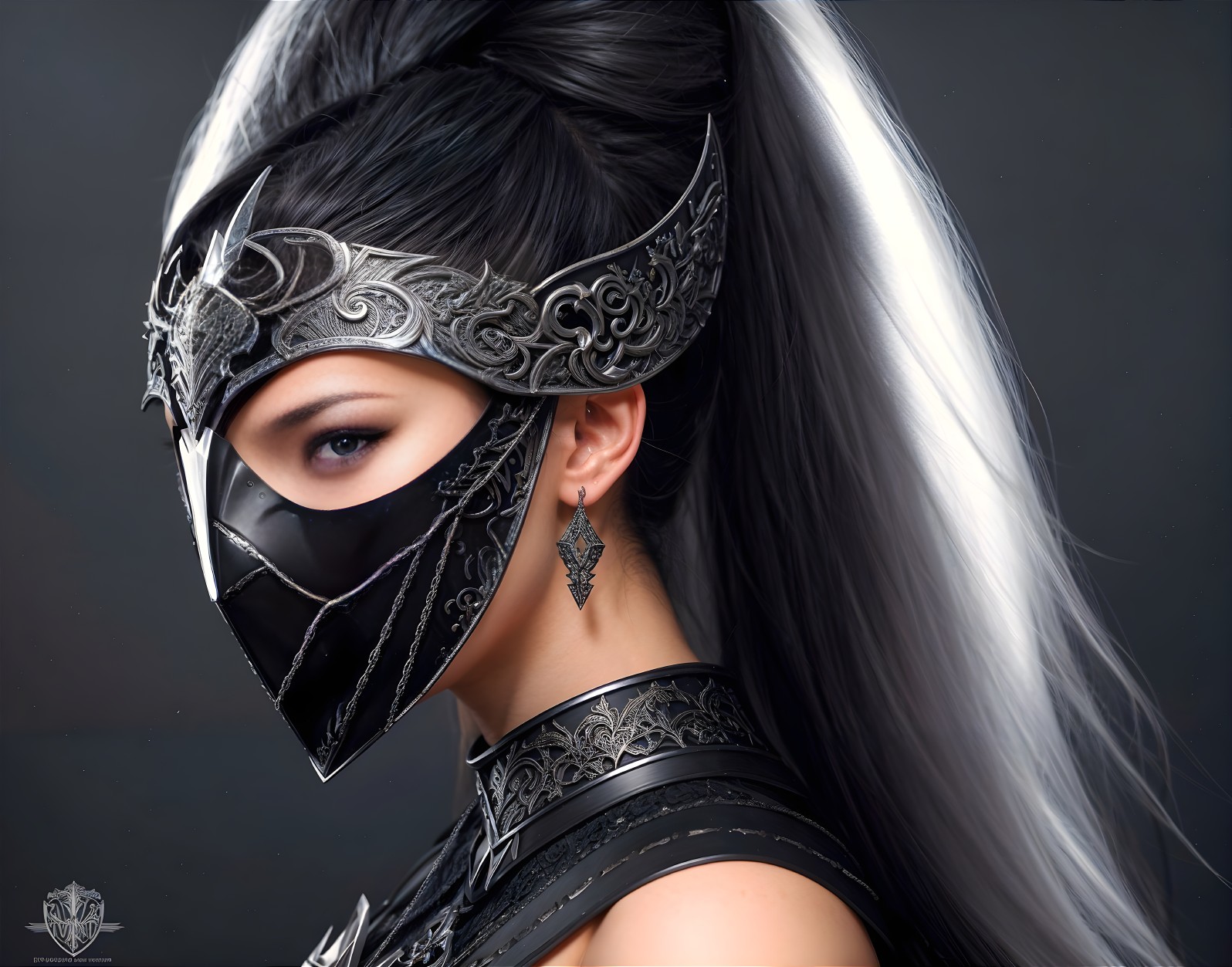 Character in Dark Armor with Silver Accents and Mask